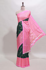 Green floral vine chevron design semi soft silk saree with contrast zari border and striped pallu