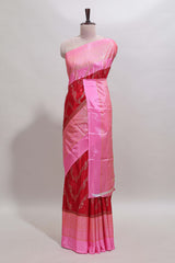 Red floral vine chevron design budget semi soft silk saree with contrast zari border and striped pallu