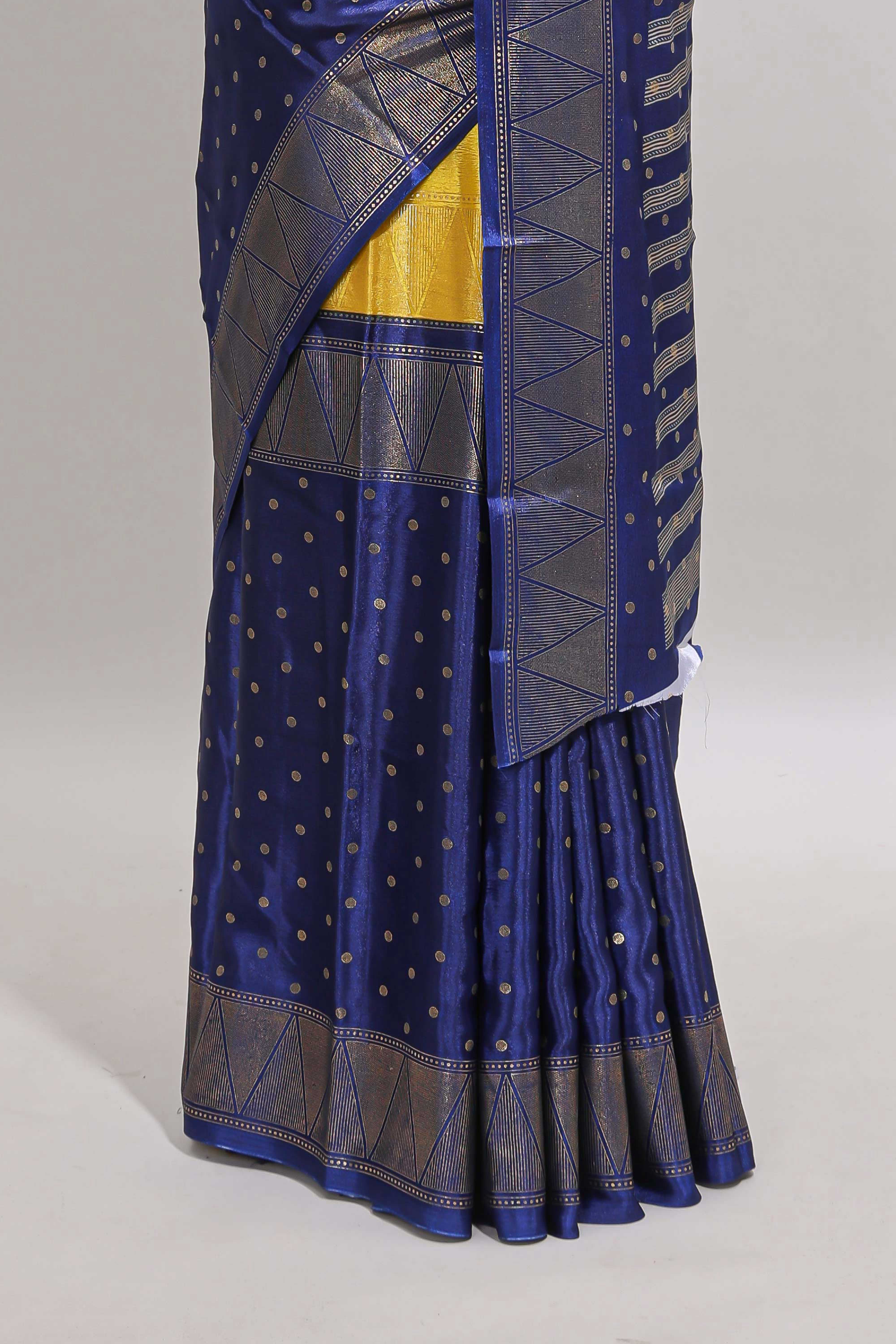 Yellow & blue dual shade zari motifs semi soft silk saree with self border and striped pallu