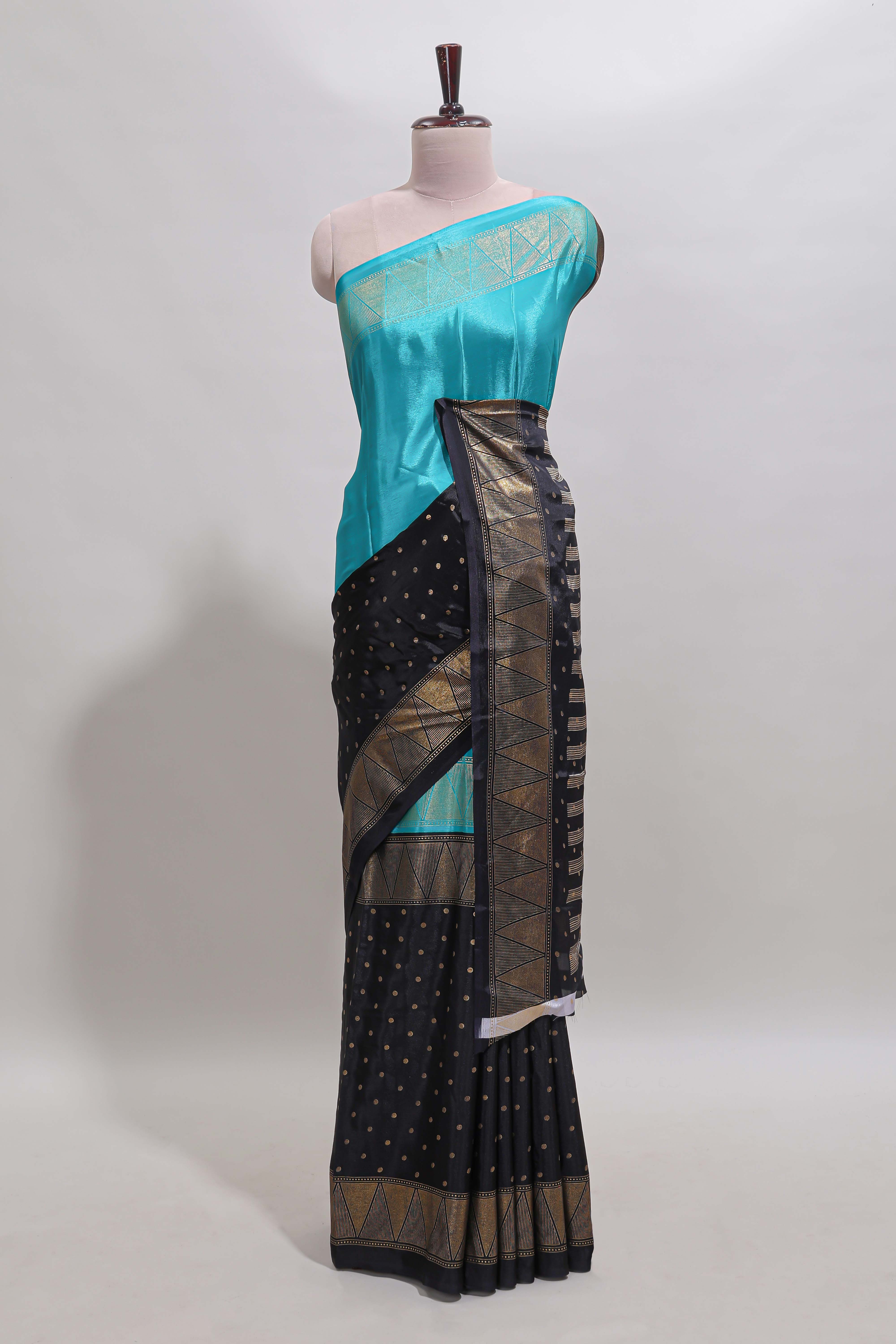 Blue & black dual shade zari motifs semi soft silk saree with self border and striped pallu