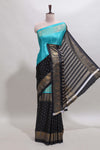 Blue & black dual shade zari motifs semi soft silk saree with self border and striped pallu