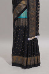 Blue & black dual shade zari motifs semi soft silk saree with self border and striped pallu