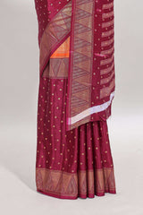 Orange & maroon dual shade zari motifs semi soft silk saree with self border and striped pallu