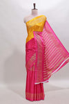 Mustard & pink dual shade zari motifs semi soft silk saree with self border and striped pallu