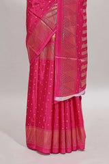 Mustard & pink dual shade zari motifs semi soft silk saree with self border and striped pallu