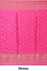 Mustard & pink dual shade zari motifs semi soft silk saree with self border and striped pallu