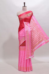 Red & pink dual shade zari motifs semi soft silk saree with self border and striped pallu