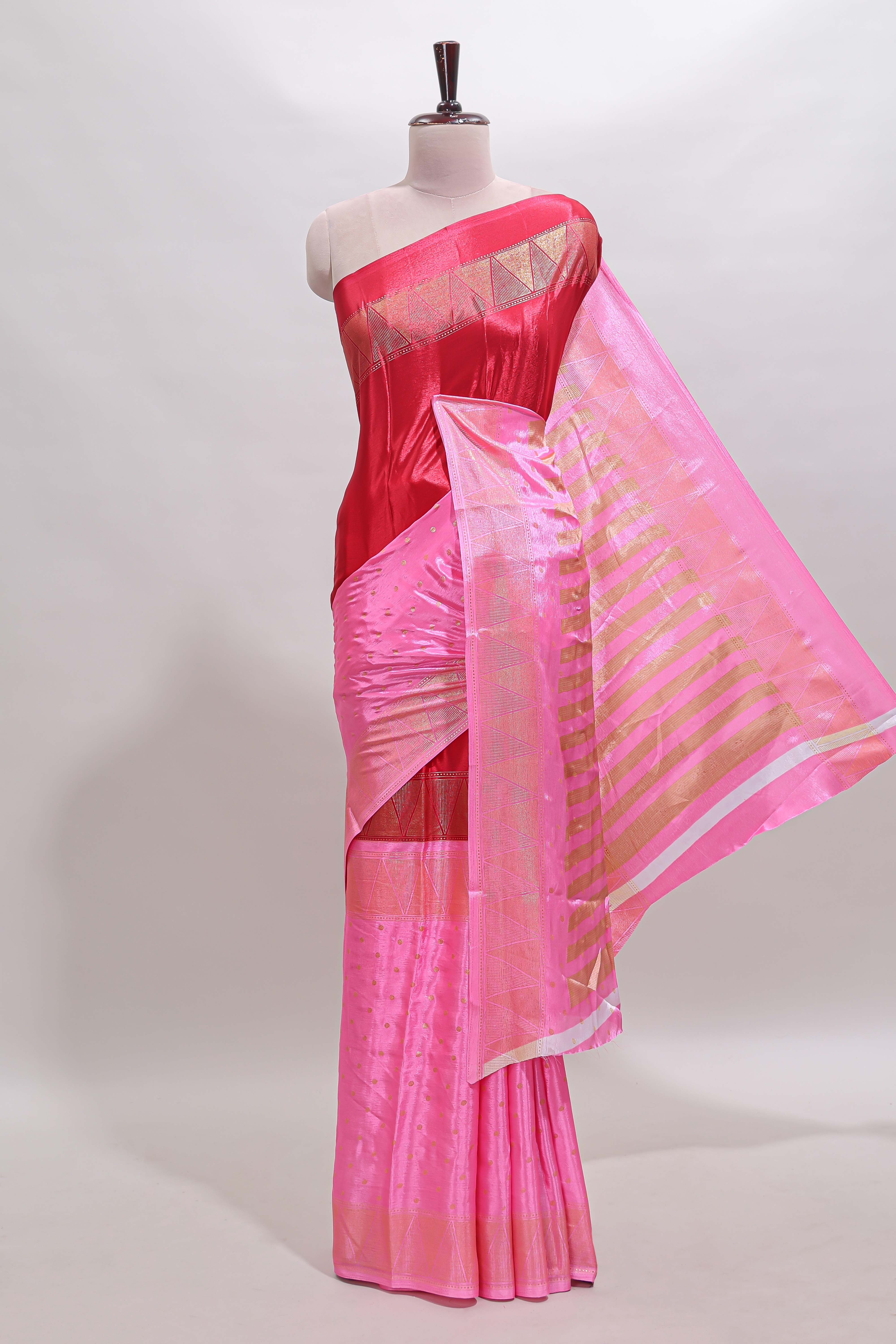 Red & pink dual shade zari motifs semi soft silk saree with self border and striped pallu