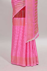 Red & pink dual shade zari motifs semi soft silk saree with self border and striped pallu