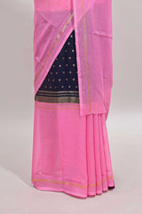 Blue zari motifs semi soft silk saree with contrast border and striped blouse