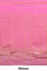 Blue zari motifs semi soft silk saree with contrast border and striped blouse