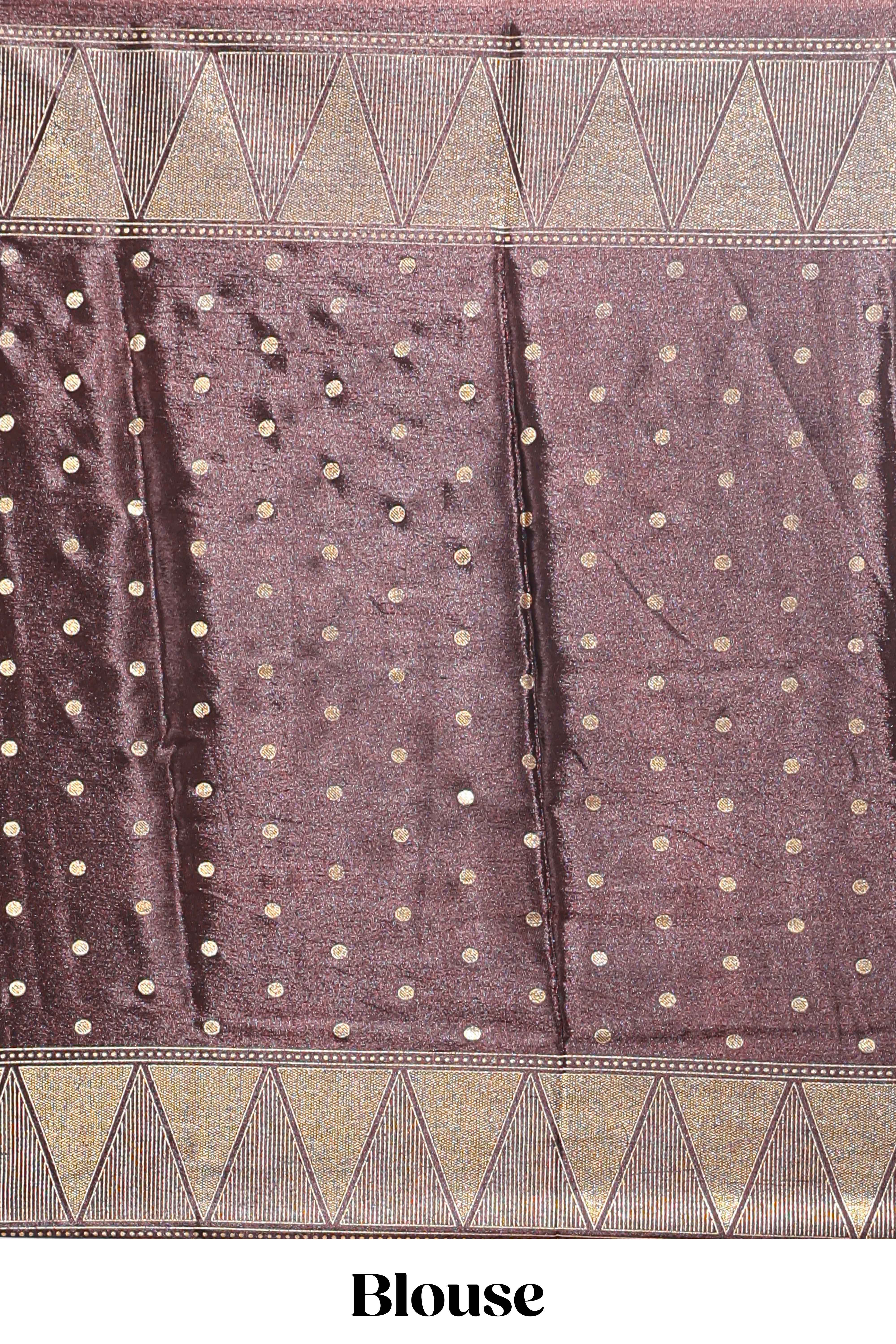Orange & brown dual shade zari motifs semi soft silk saree with self border and striped pallu