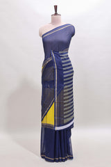 Yellow zari motifs semi soft silk saree with contrast border and striped blouse