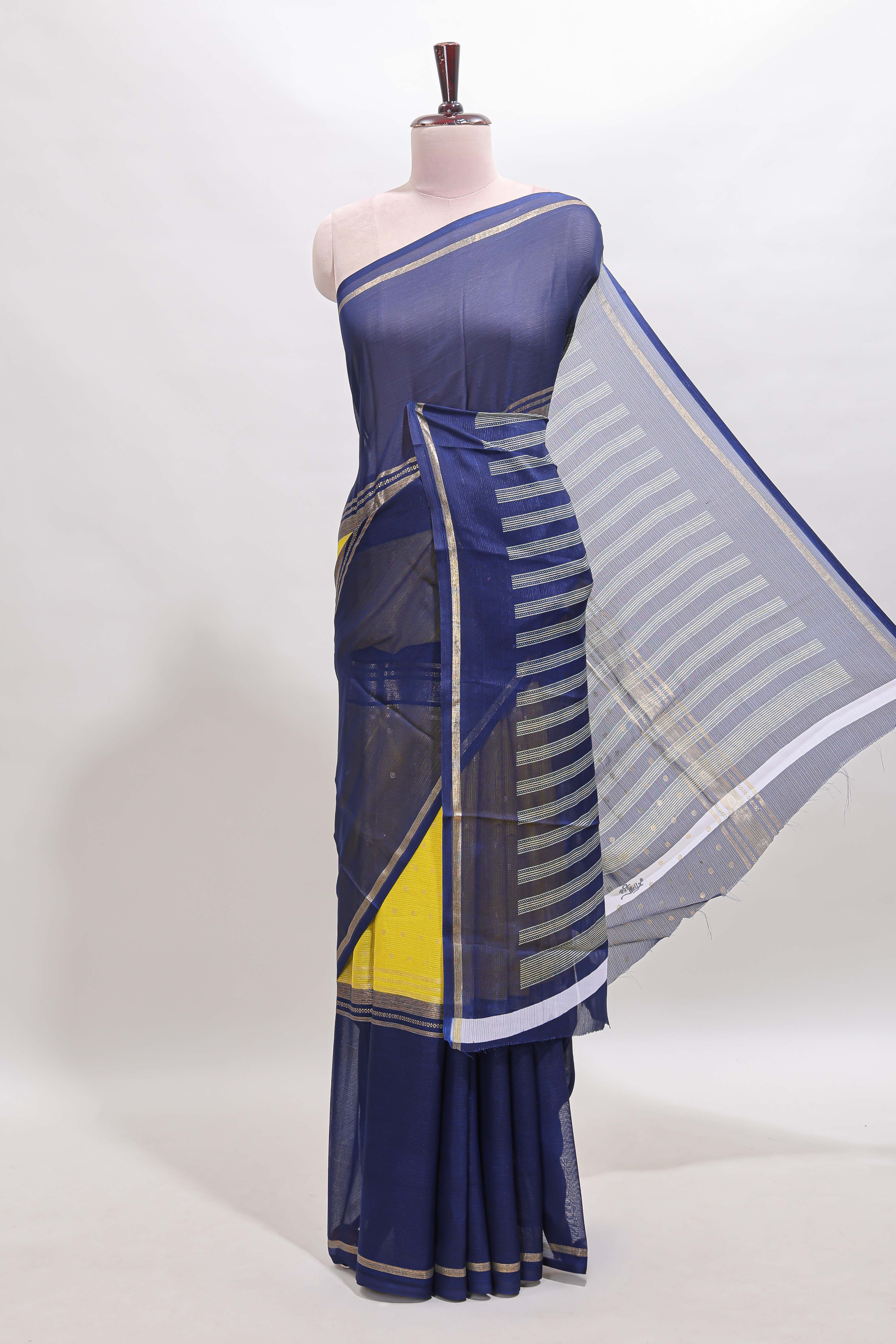 Yellow zari motifs semi soft silk saree with contrast border and striped blouse