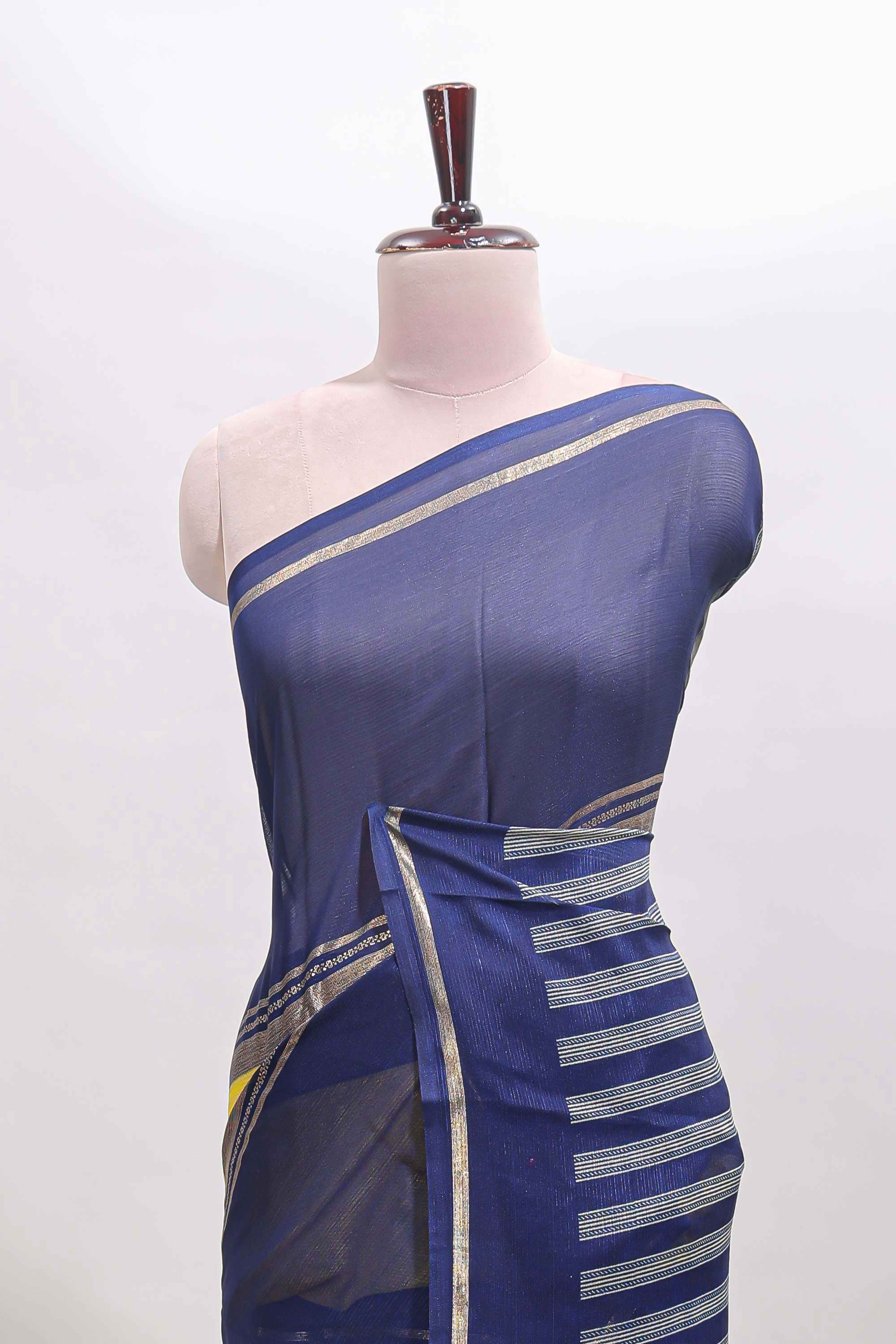 Yellow zari motifs semi soft silk saree with contrast border and striped blouse