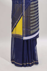 Yellow zari motifs semi soft silk saree with contrast border and striped blouse