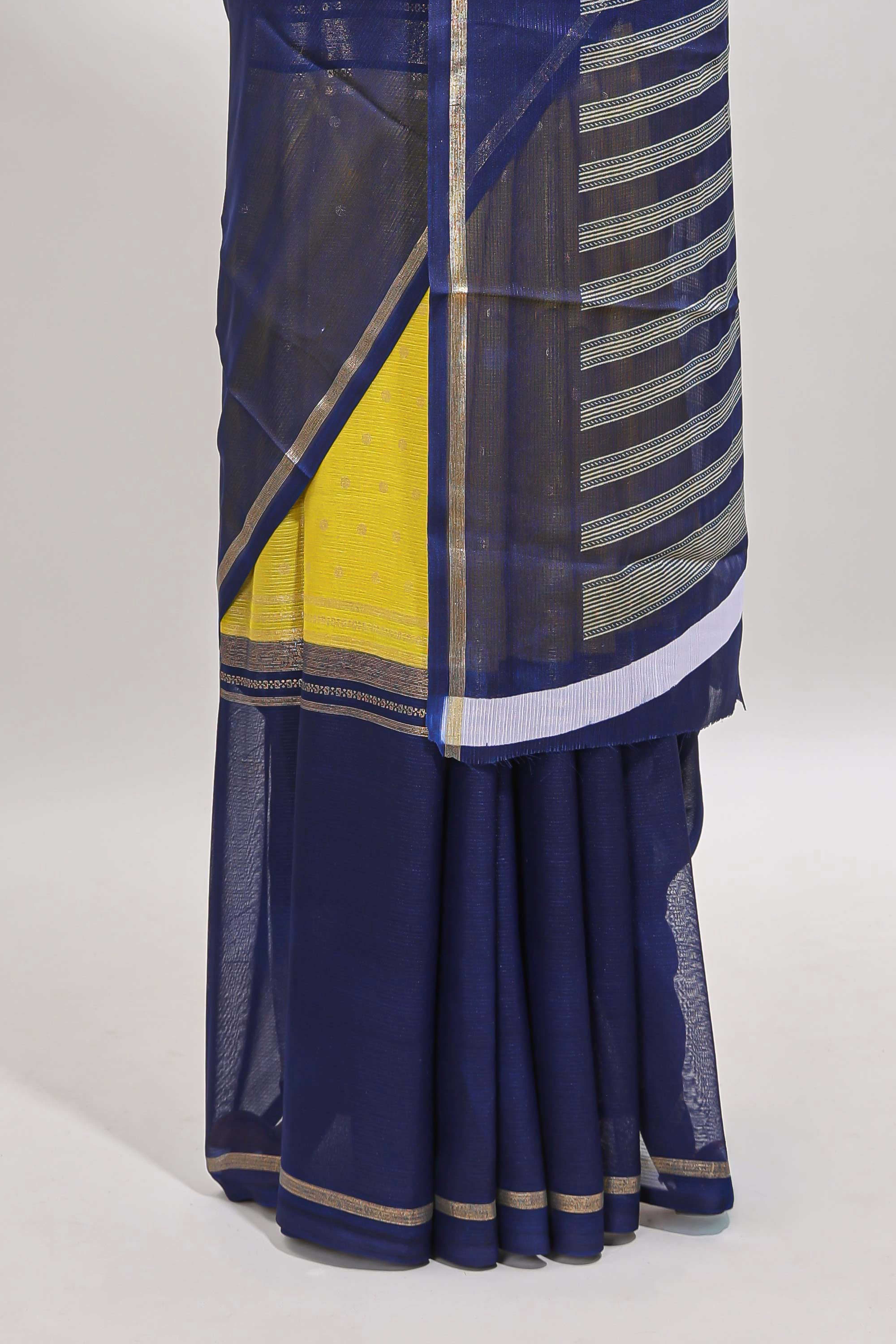 Yellow zari motifs semi soft silk saree with contrast border and striped blouse