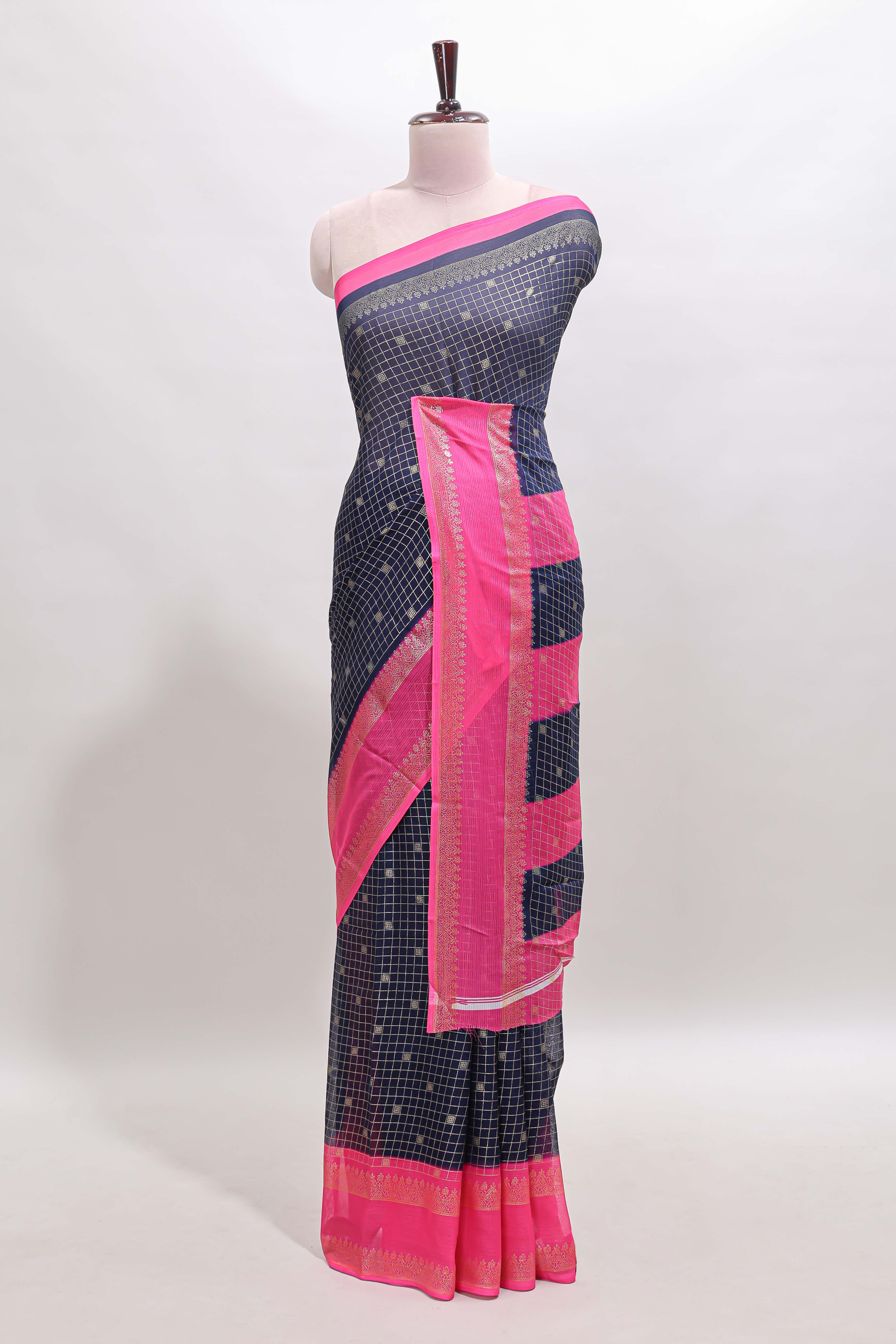 Dark blue checked semi soft silk saree with contrast border and striped pallu