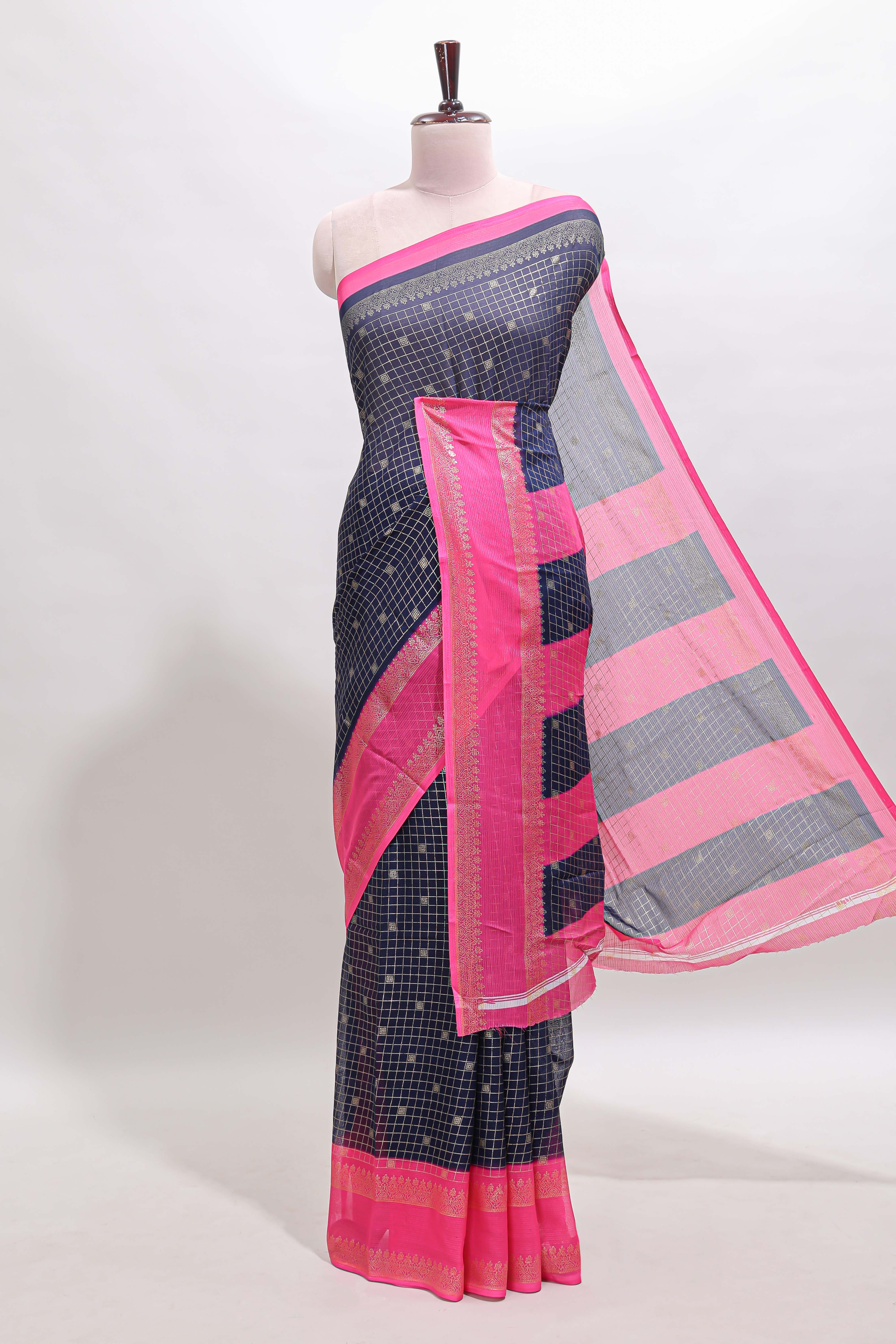 Dark blue checked semi soft silk saree with contrast border and striped pallu