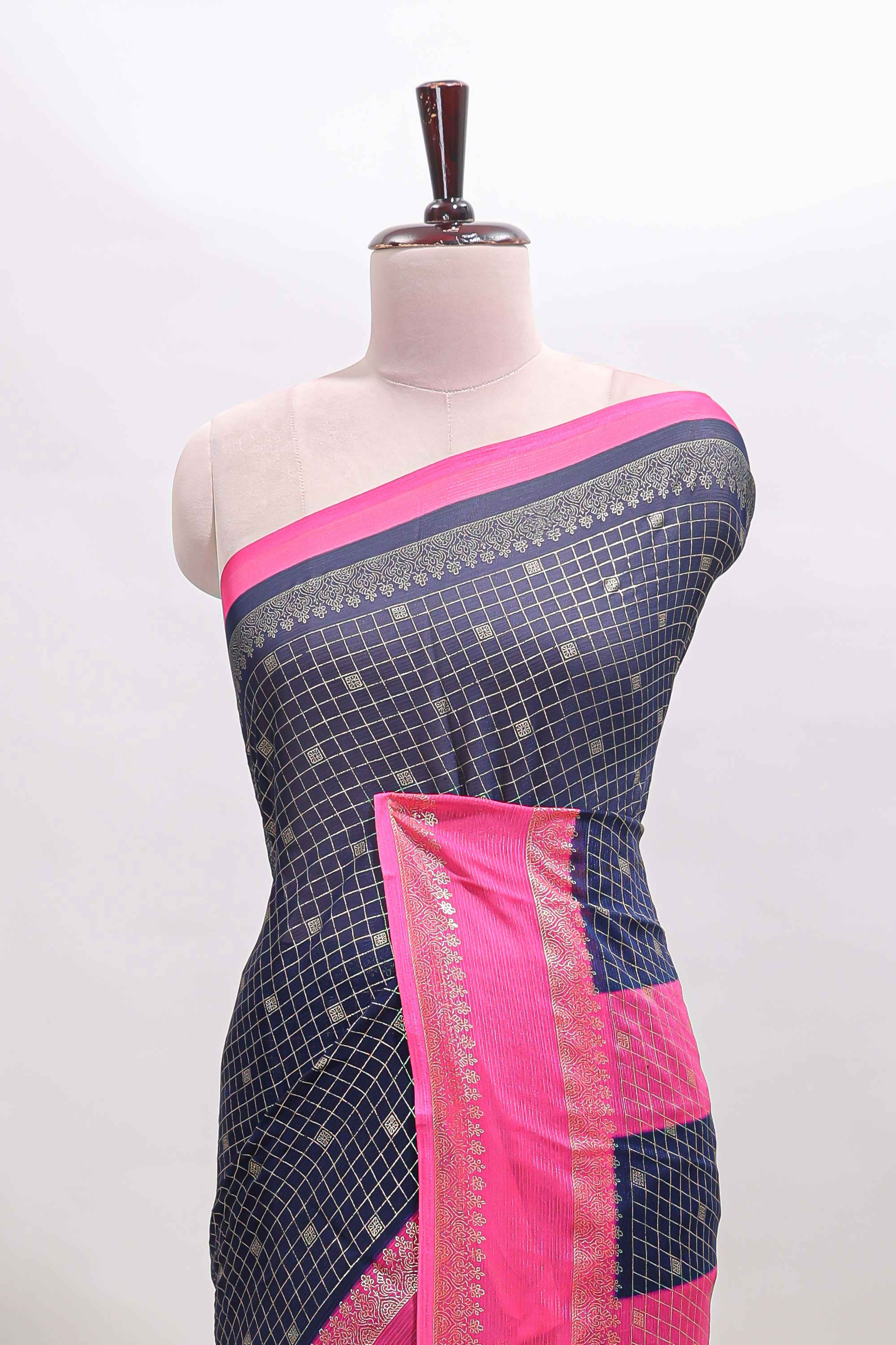 Dark blue checked semi soft silk saree with contrast border and striped pallu