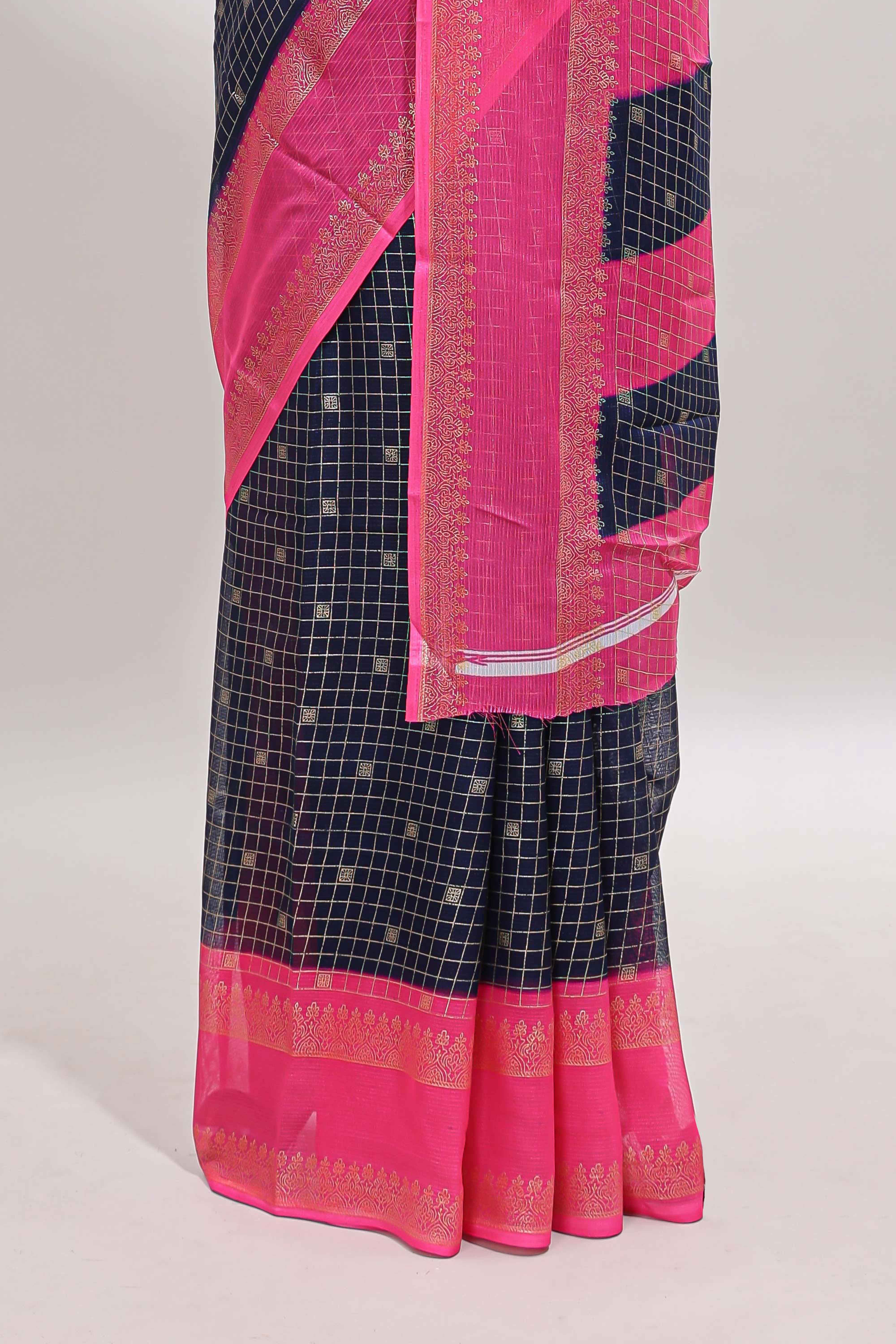Dark blue checked semi soft silk saree with contrast border and striped pallu