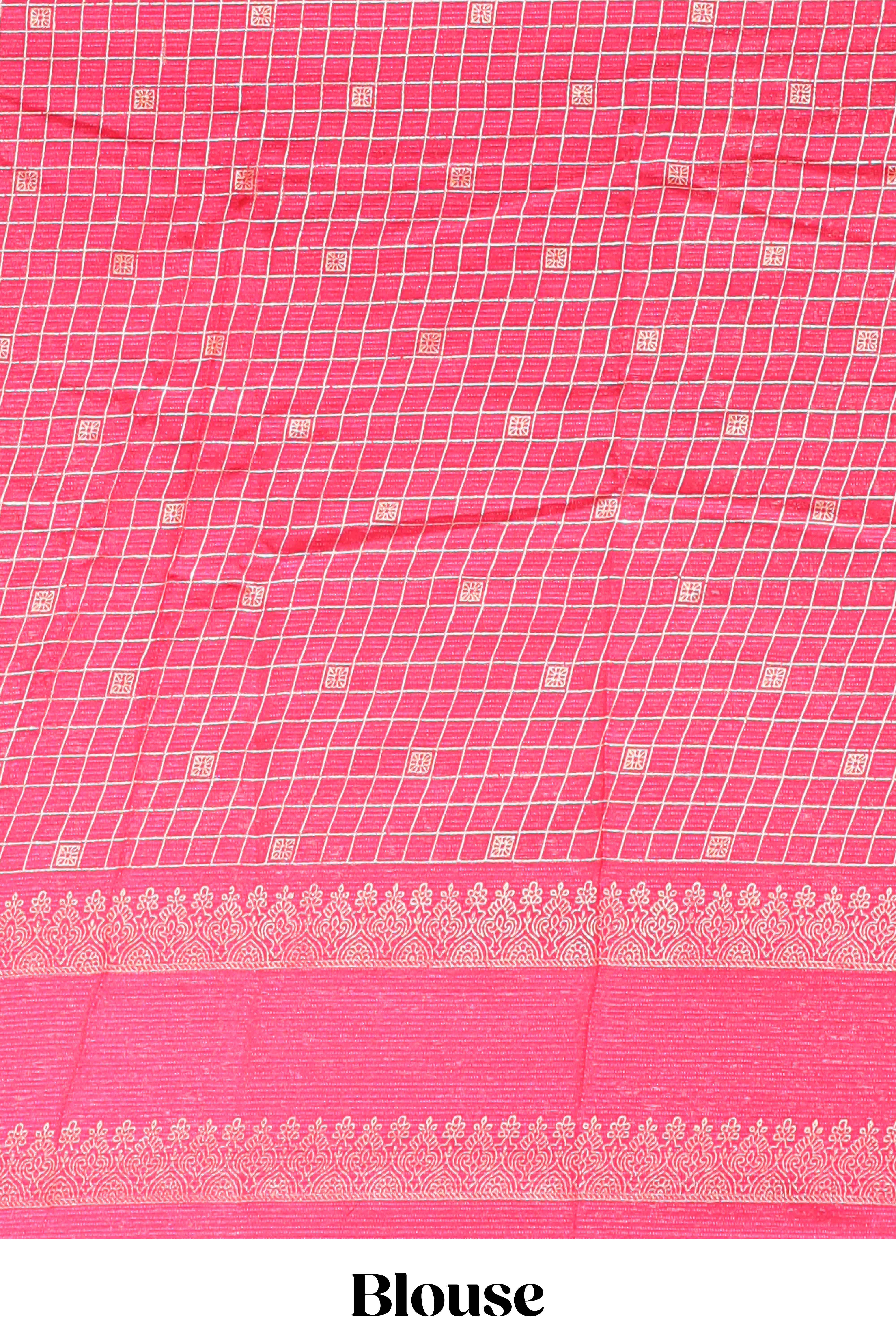 Orange checked semi soft silk saree with contrast border and striped pallu
