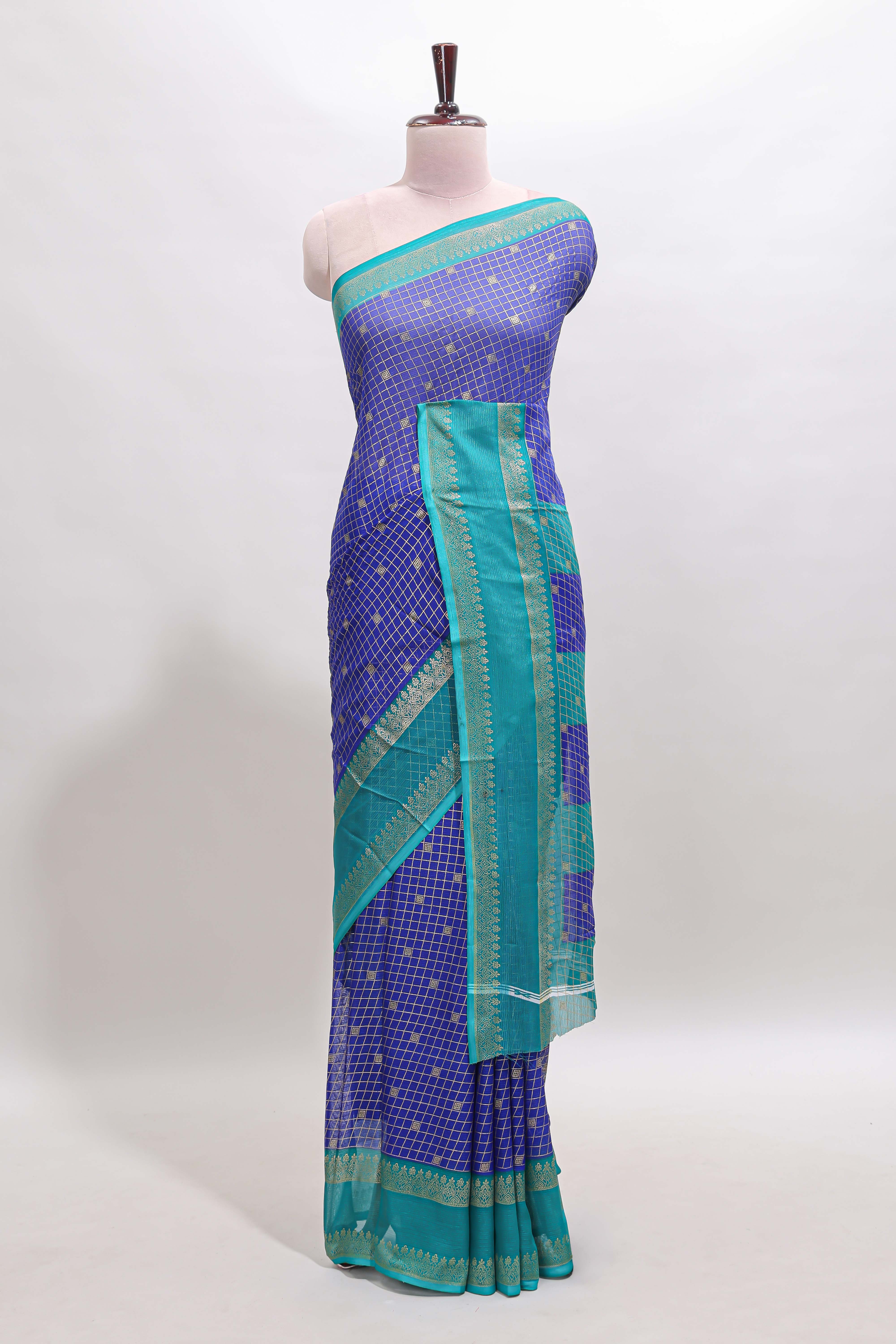 Royal blue checked semi soft silk saree with contrast border and striped pallu