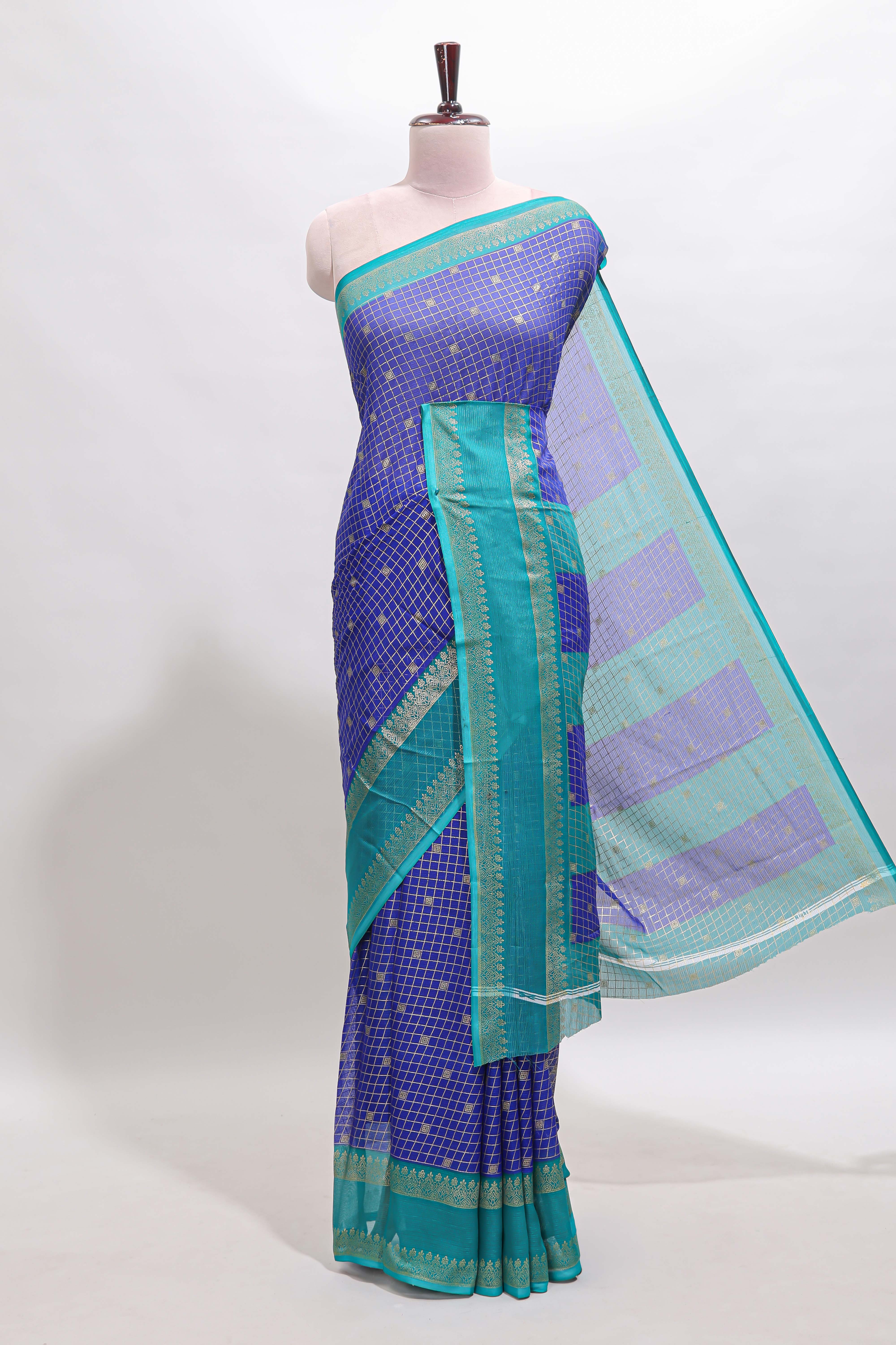 Royal blue checked semi soft silk saree with contrast border and striped pallu