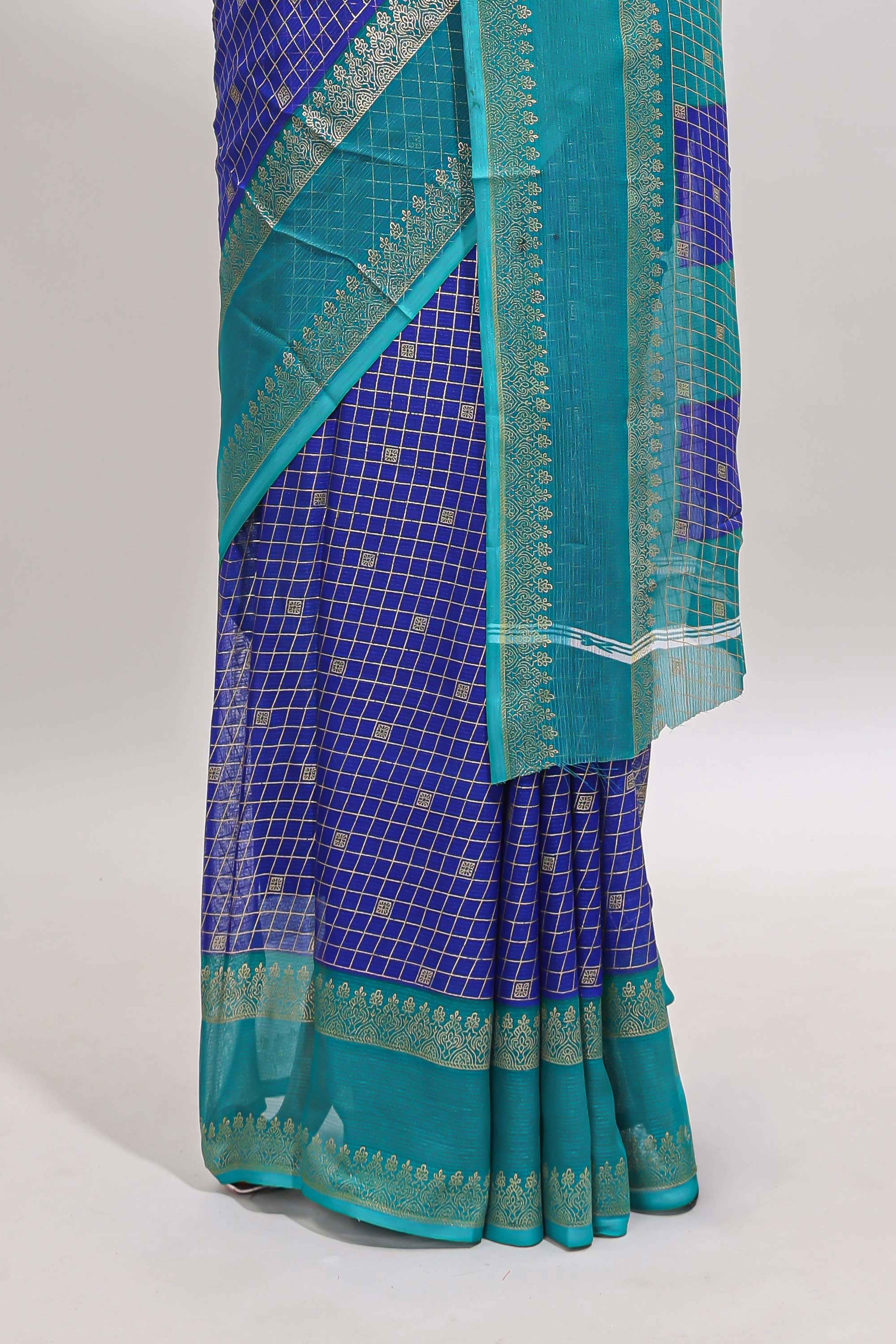 Royal blue checked semi soft silk saree with contrast border and striped pallu