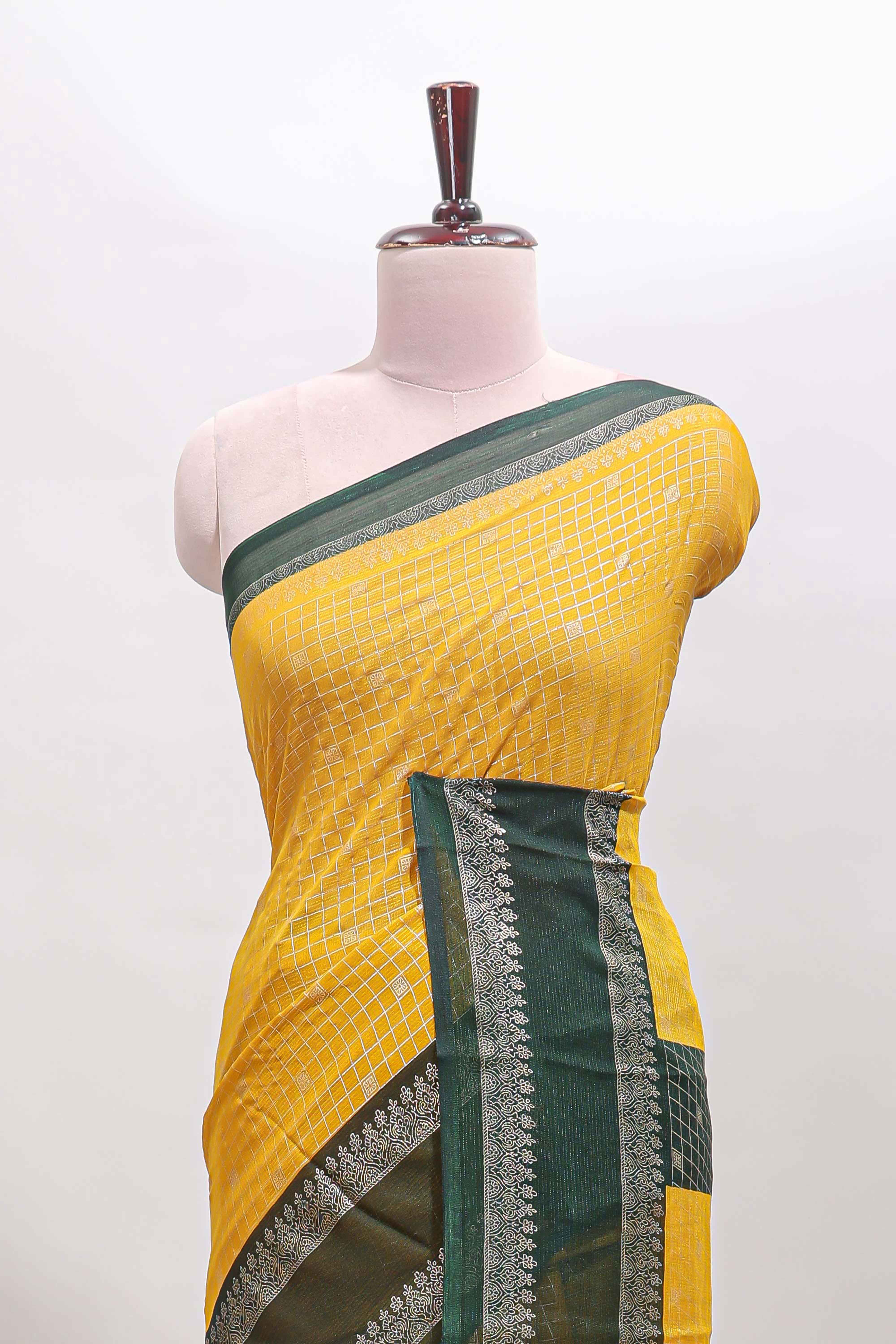 Mustard checked zari motifs semi soft silk saree with contrast bentex border and striped pallu