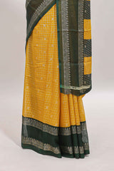 Mustard checked zari motifs semi soft silk saree with contrast bentex border and striped pallu