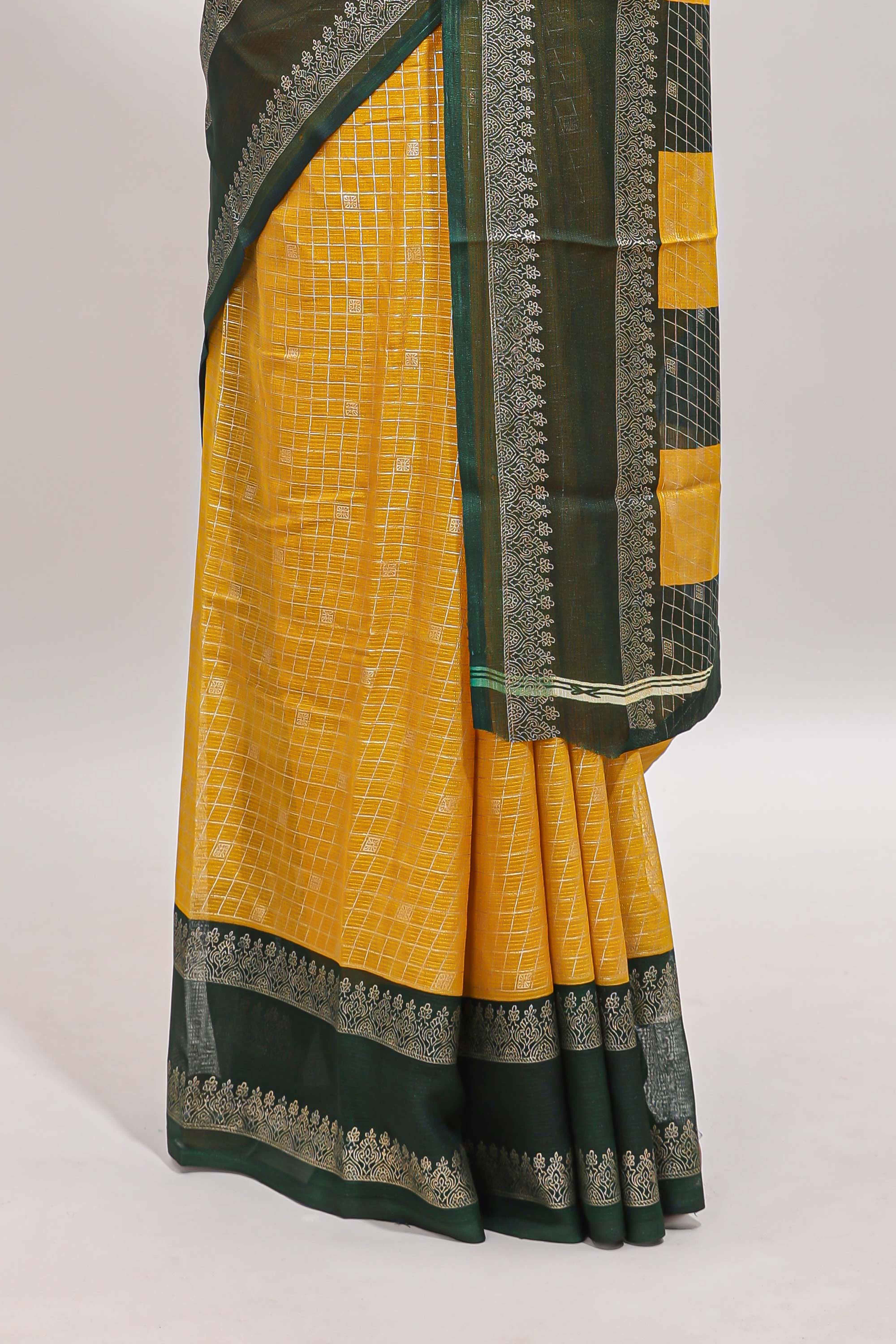 Mustard checked zari motifs semi soft silk saree with contrast bentex border and striped pallu