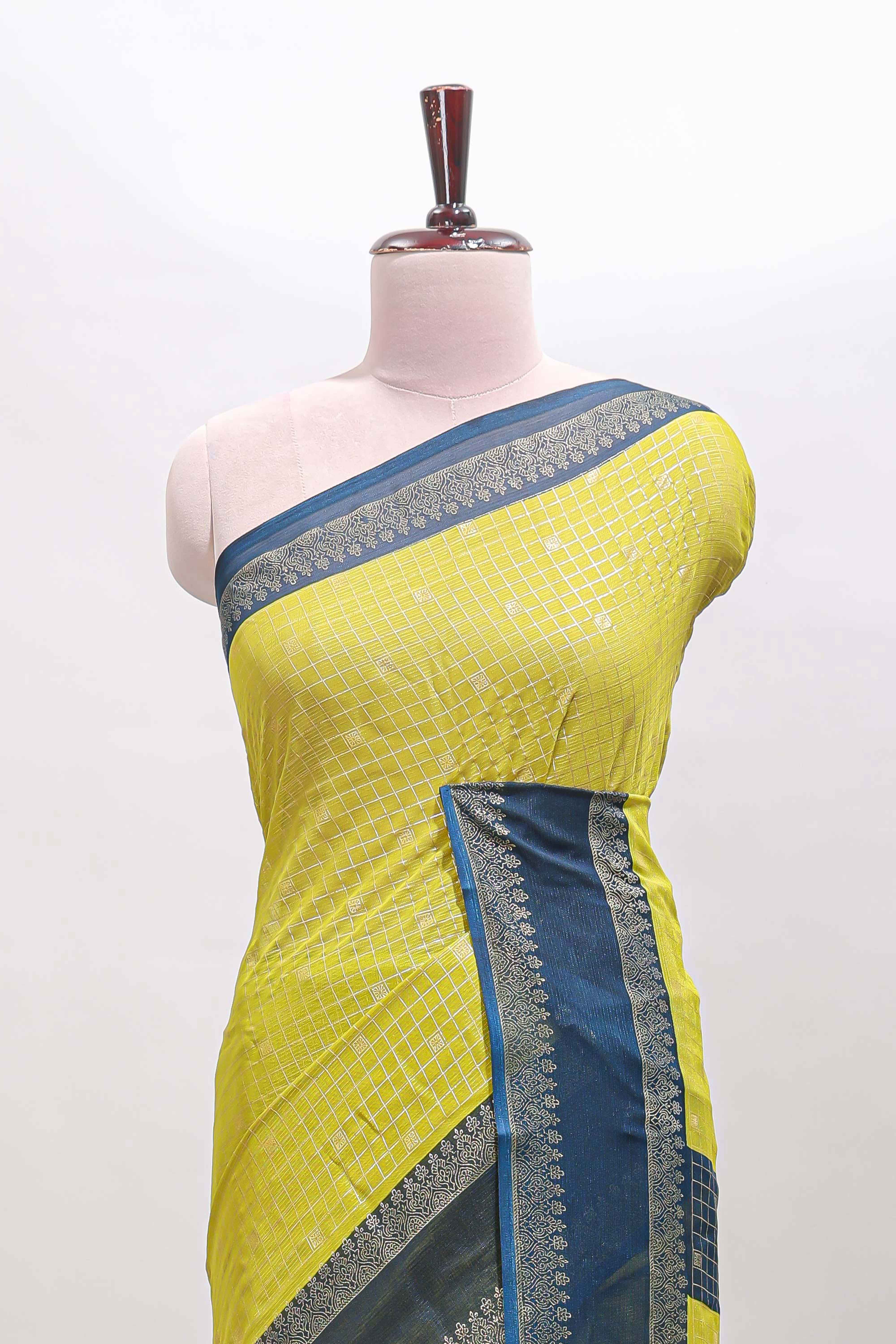 Lime green checked zari motifs semi soft silk saree with contrast bentex border and striped pallu