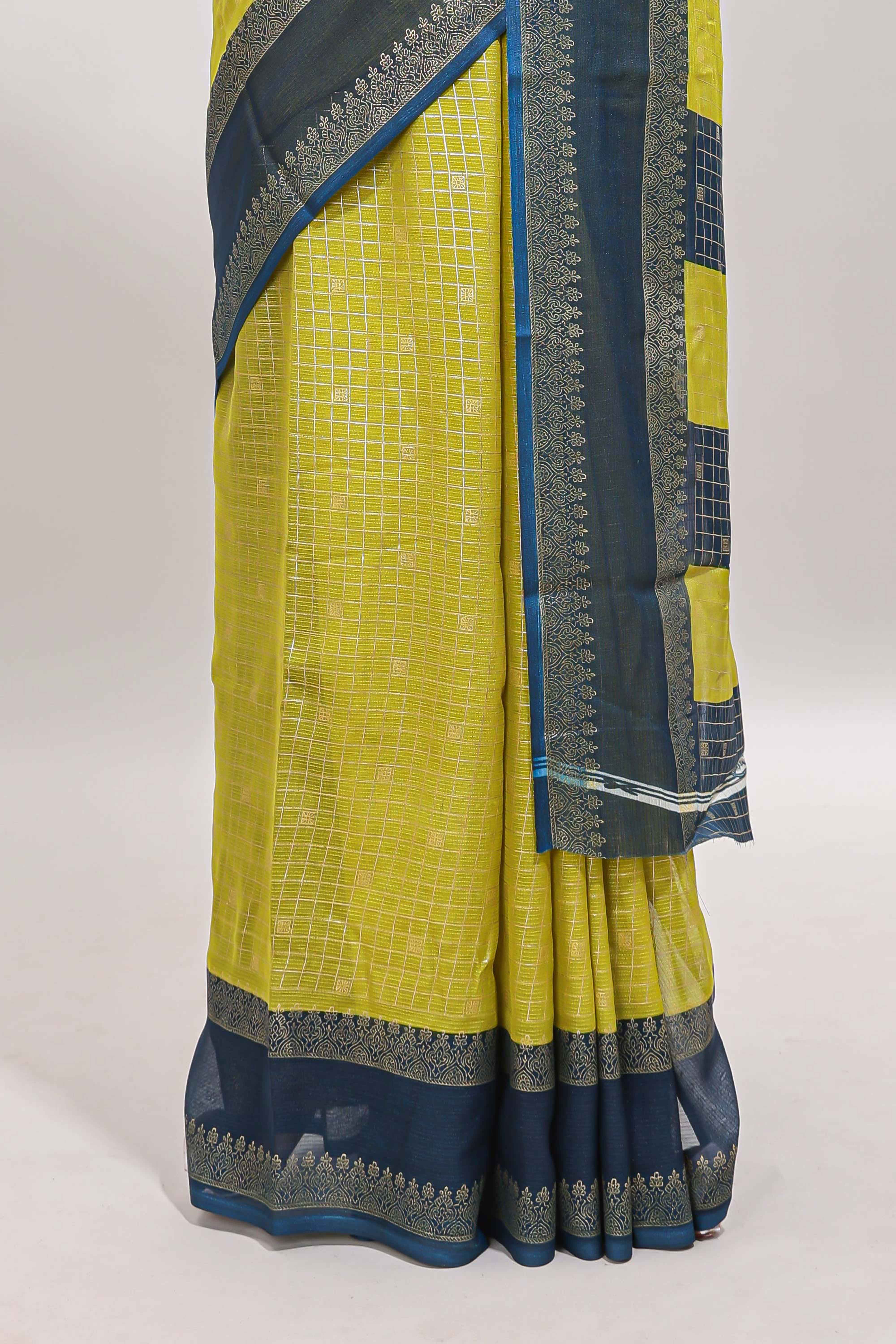 Lime green checked zari motifs semi soft silk saree with contrast bentex border and striped pallu