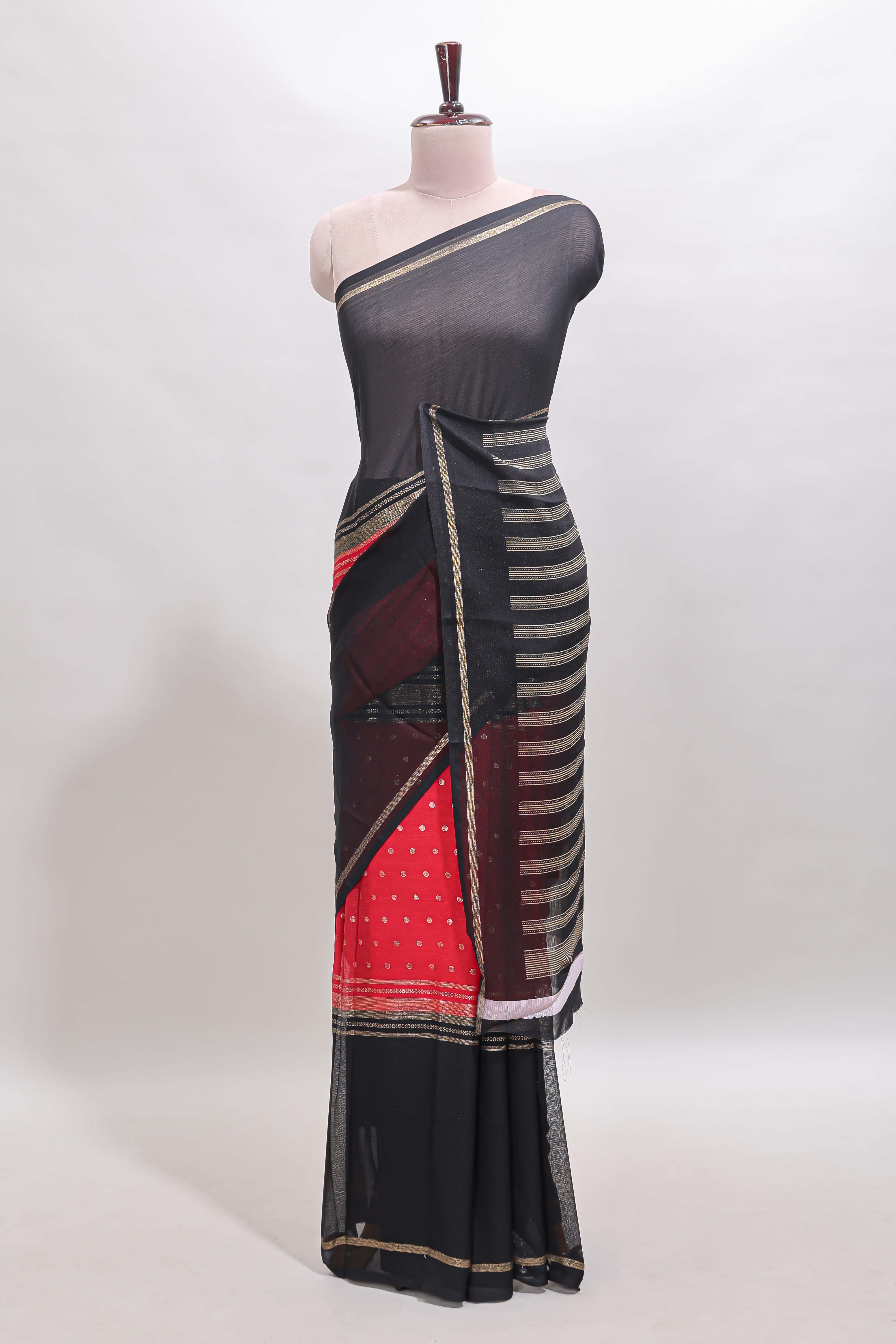 Pink zari butta semi soft silk saree with contrast border and striped pallu