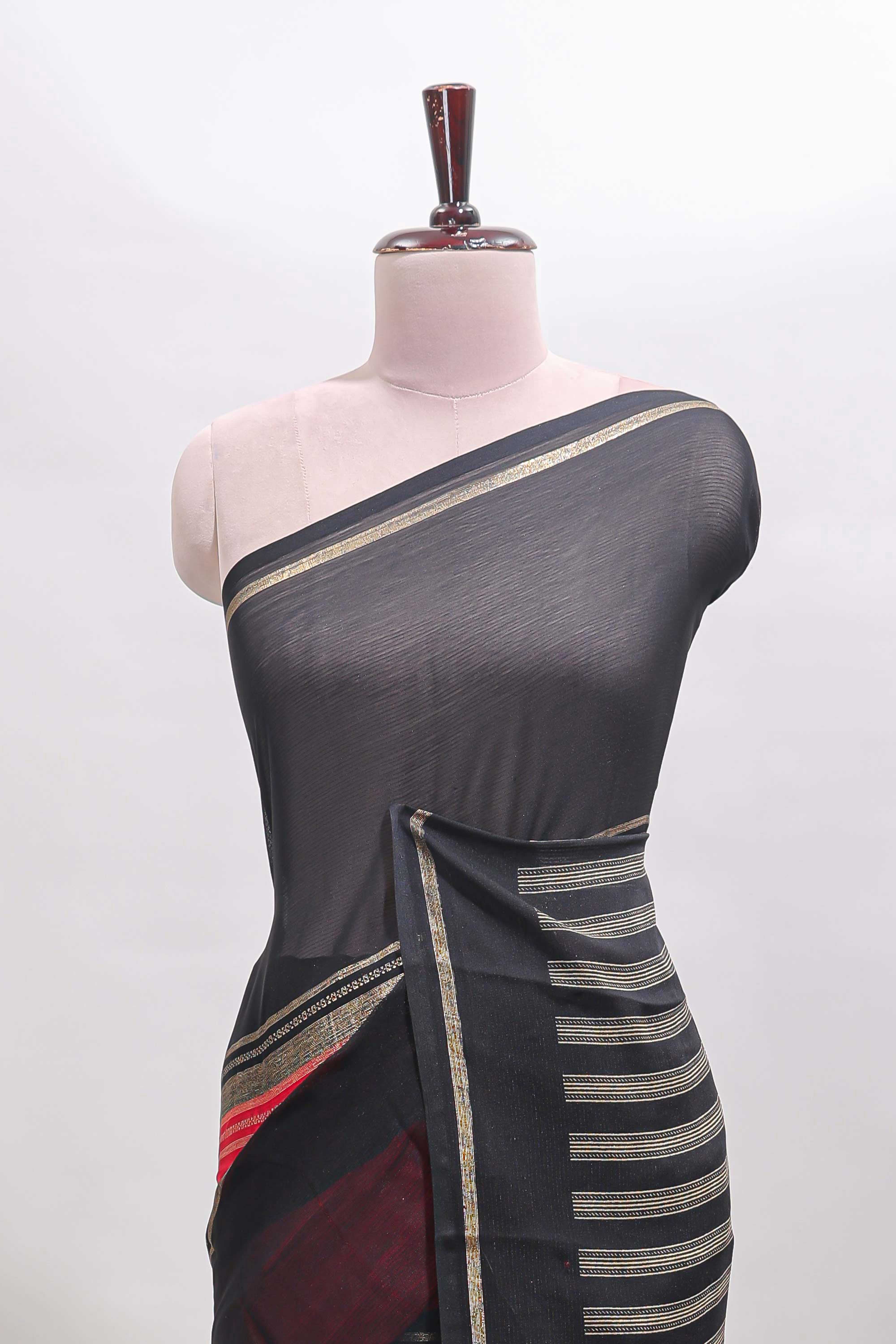 Pink zari butta semi soft silk saree with contrast border and striped pallu