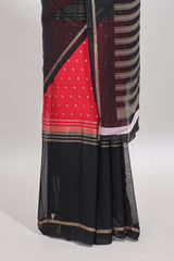 Pink zari butta semi soft silk saree with contrast border and striped pallu