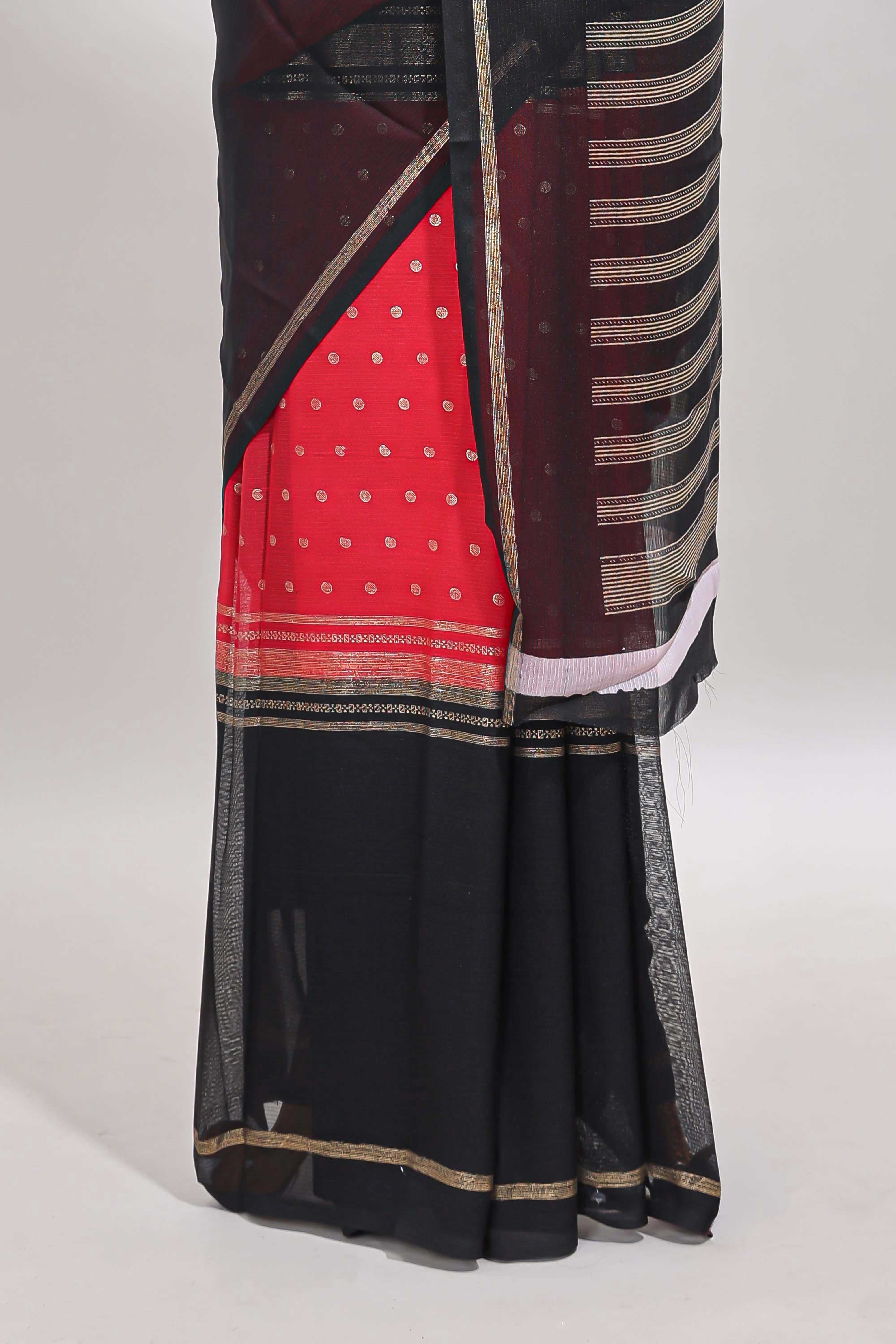 Pink zari butta semi soft silk saree with contrast border and striped pallu
