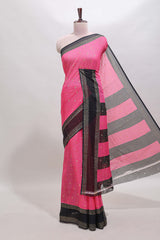 Pink checked zari motifs semi soft silk saree with contrast bentex border and striped pallu