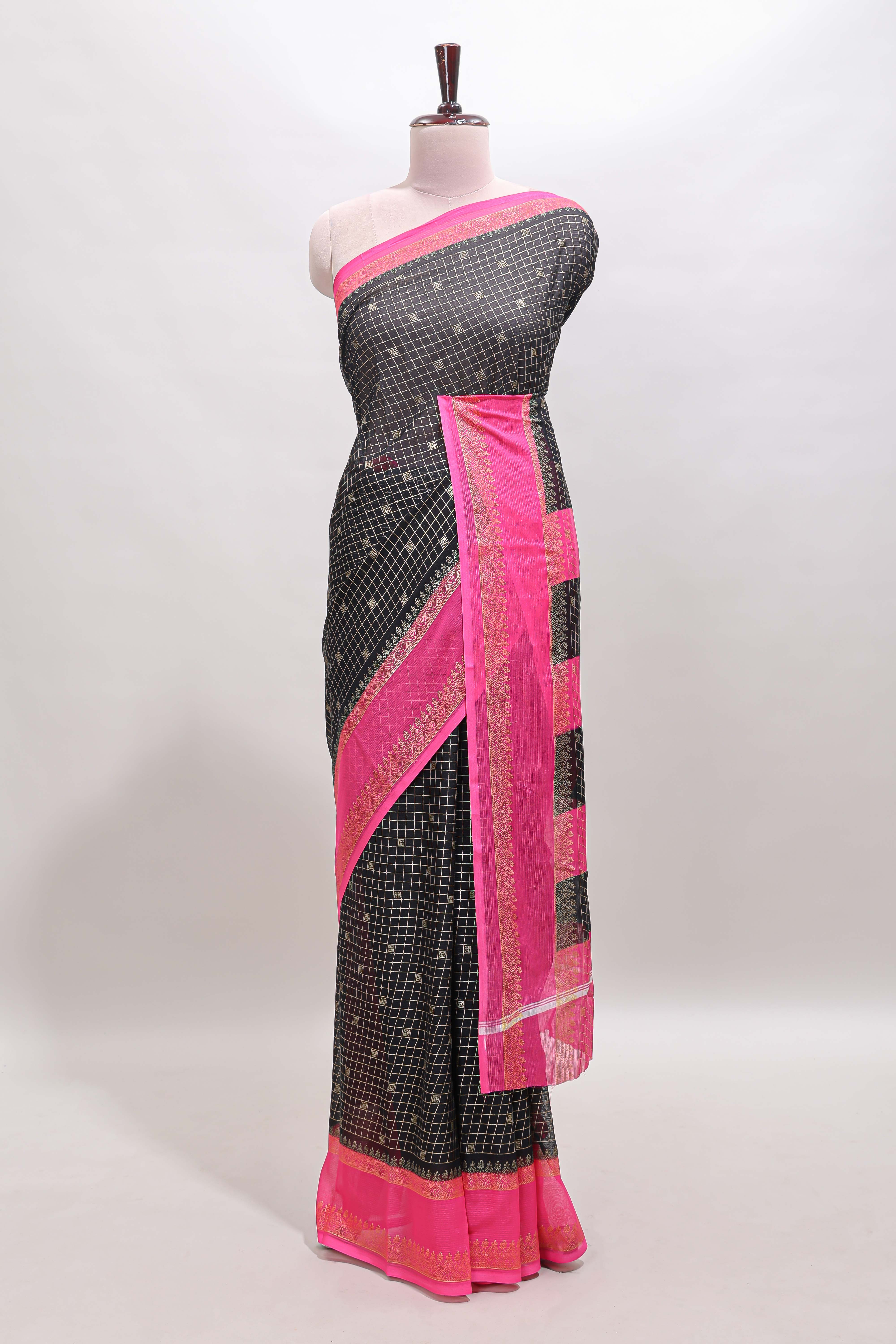 Black checked zari motifs semi soft silk saree with contrast bentex border and striped pallu