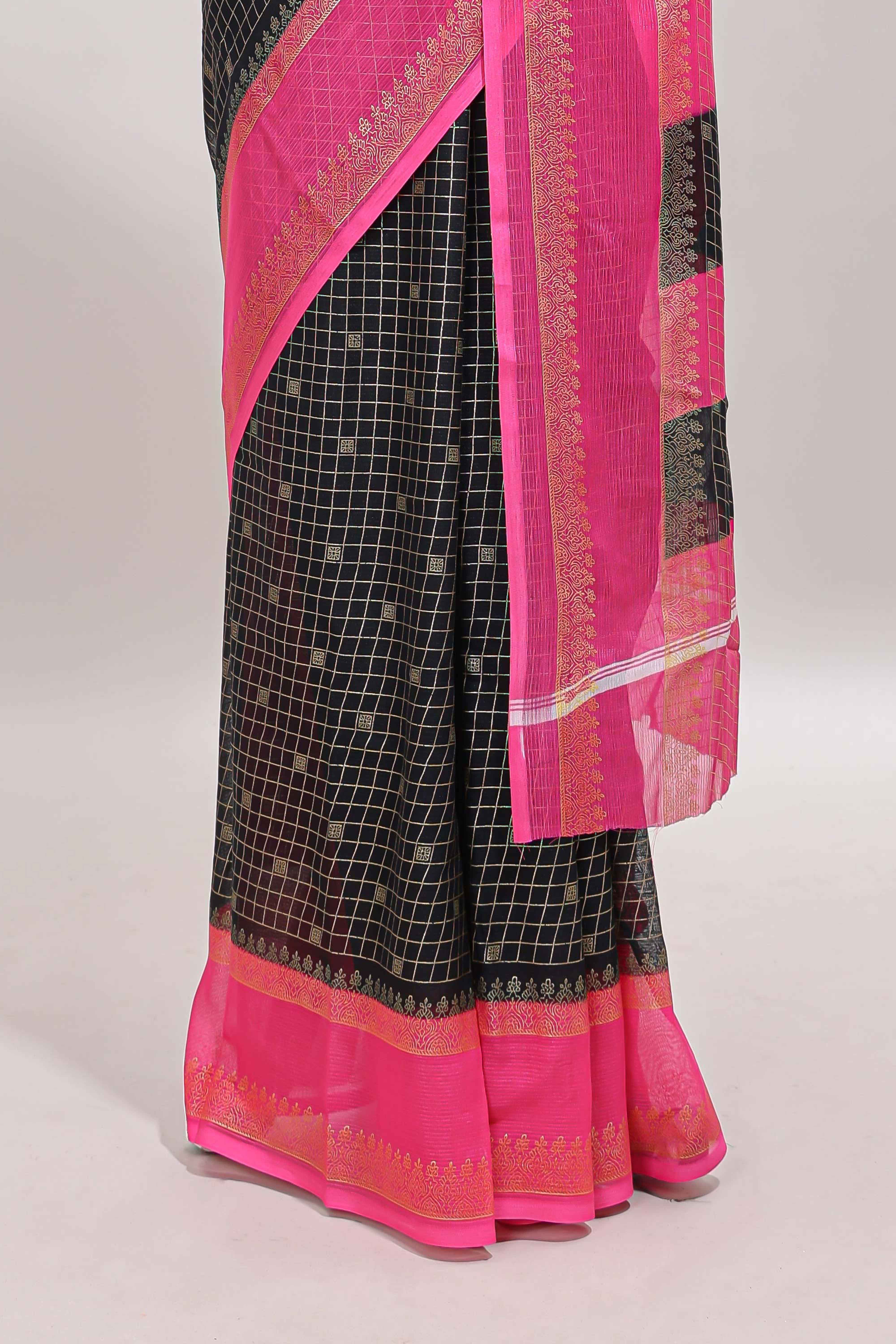 Black checked zari motifs semi soft silk saree with contrast bentex border and striped pallu