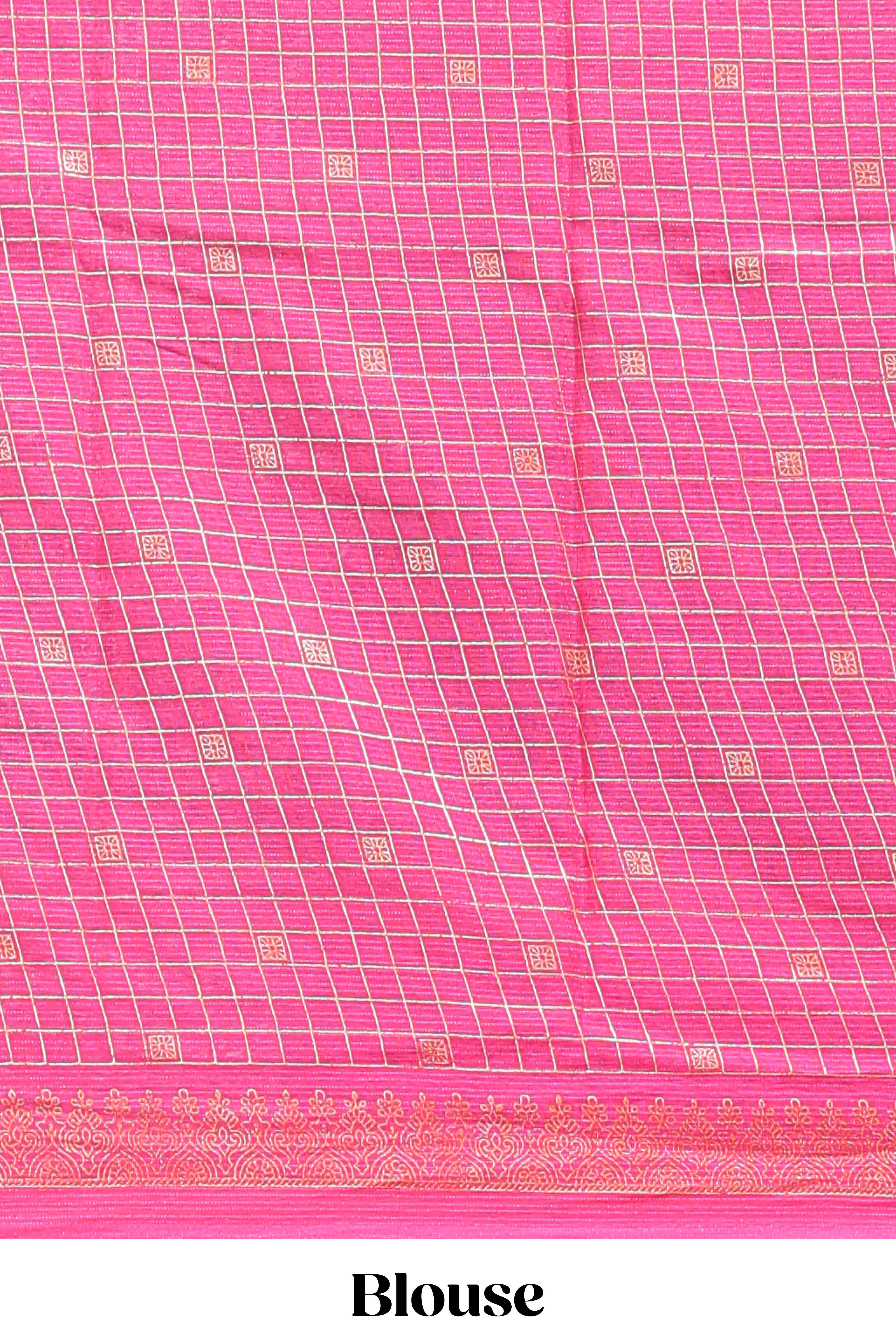 Black checked zari motifs semi soft silk saree with contrast bentex border and striped pallu