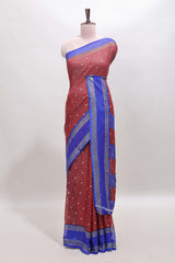 Maroon checked zari motifs semi soft silk saree with contrast bentex border and striped pallu