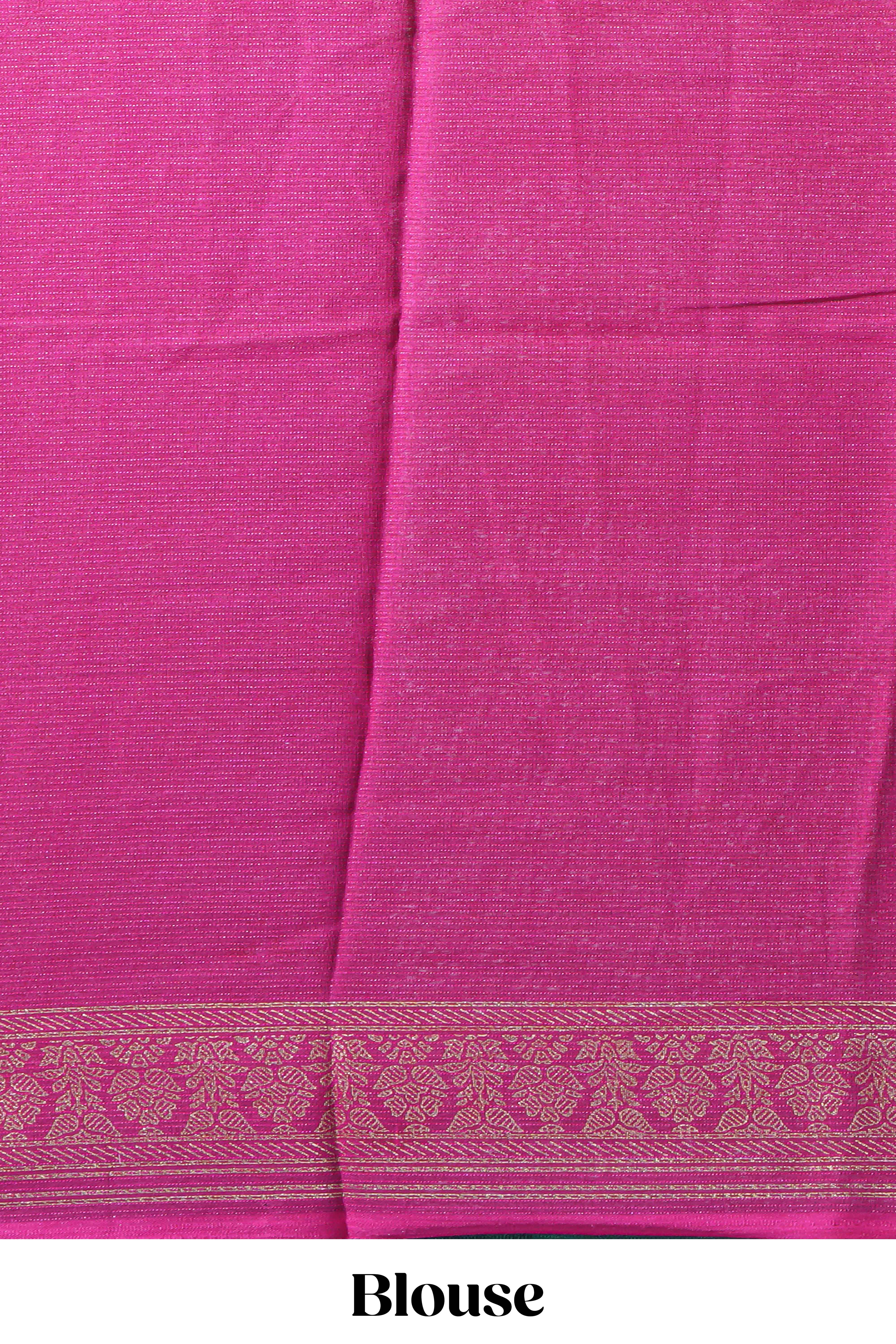 Dark green color budget silk saree with contrast foil print border and contrast pallu along with contrast blouse piece