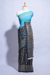 Blue color budget silk saree with contrast foil print border and contrast pallu along with contrast blouse piece