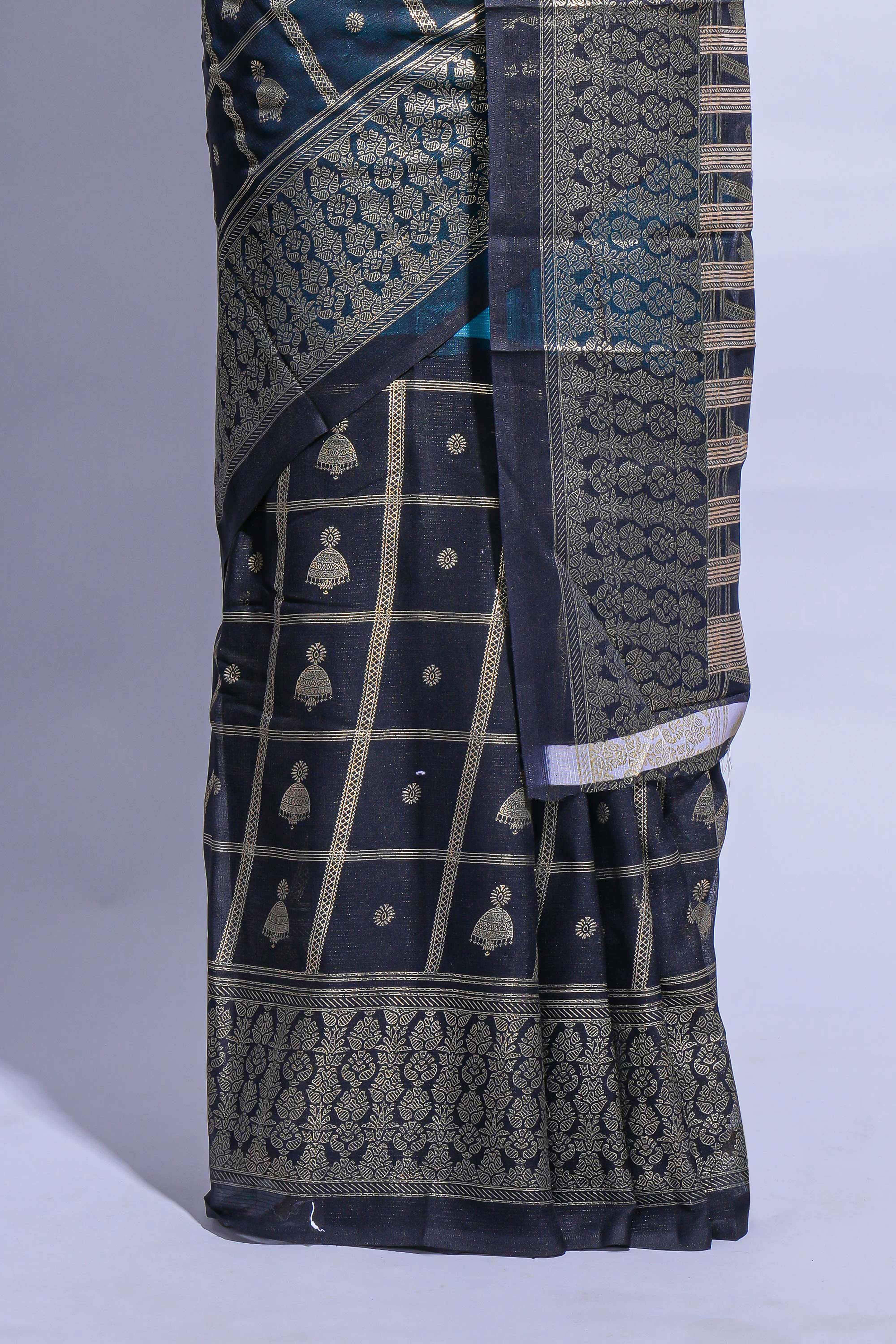 Blue color budget silk saree with contrast foil print border and contrast pallu along with contrast blouse piece