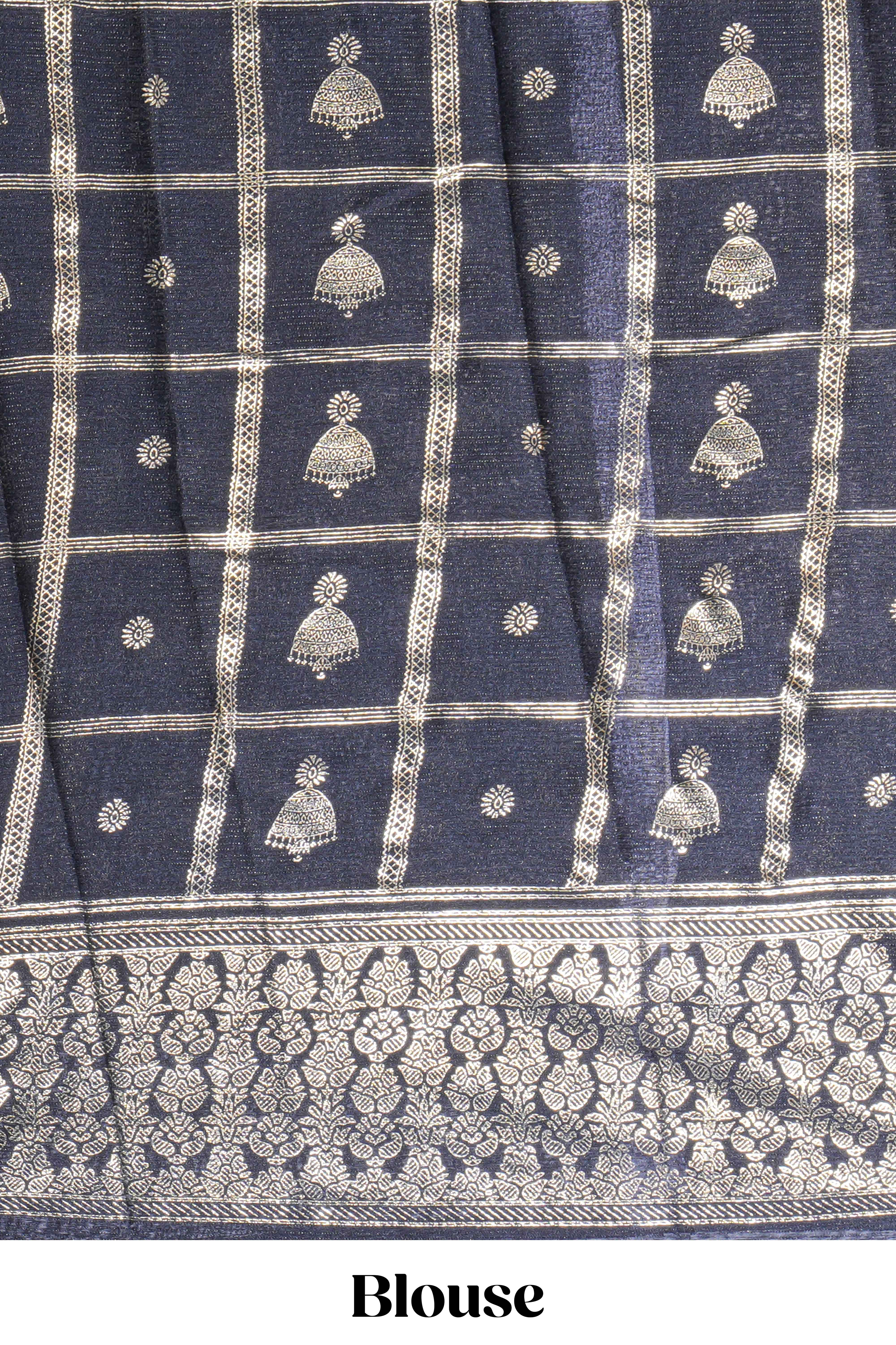 Blue color budget silk saree with contrast foil print border and contrast pallu along with contrast blouse piece