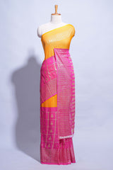 Yellow color budget silk saree with contrast foil print border and contrast pallu along with contrast blouse piece