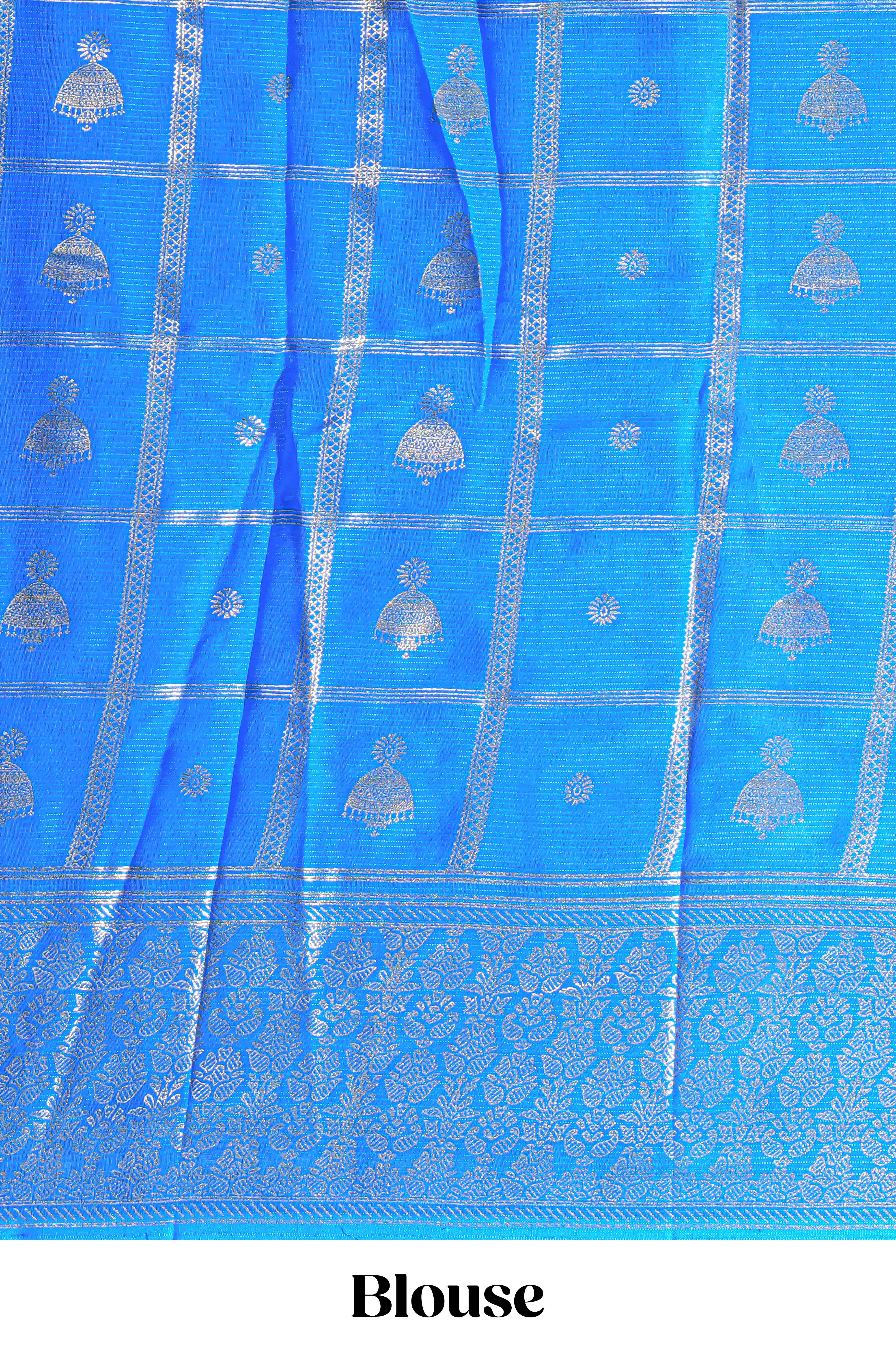 Royal blue color budget silk saree with contrast foil print border and contrast pallu along with contrast blouse piece