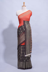Rust Orange color budget silk saree with contrast foil print border and contrast pallu along with contrast blouse piece